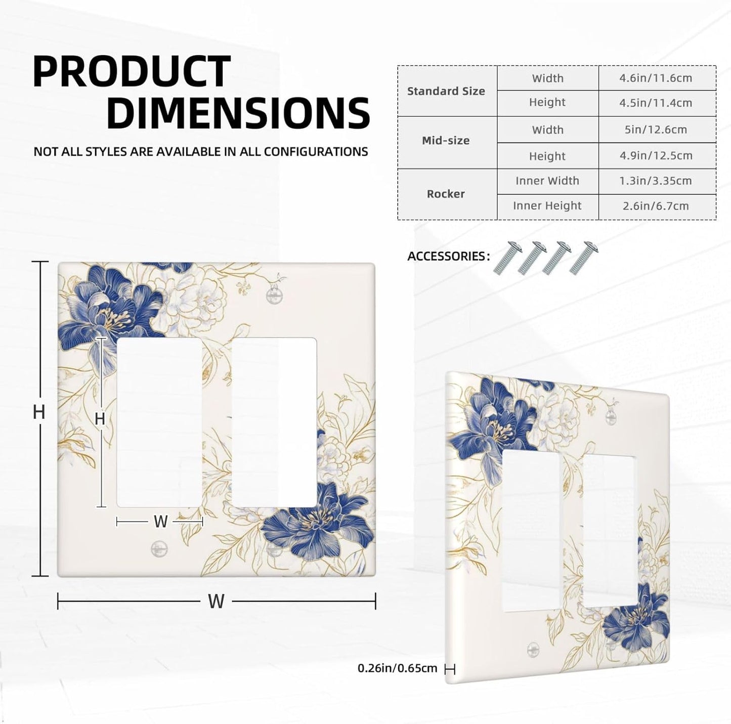 Decorative Outlet Covers Rustic Blue Flower Floral Gold Leaf 2 Gang Light Switch Cover Plate Double Rocker Wall Plates for Electrical Outlets Switch Plate Covers for Bedroom Home Decor