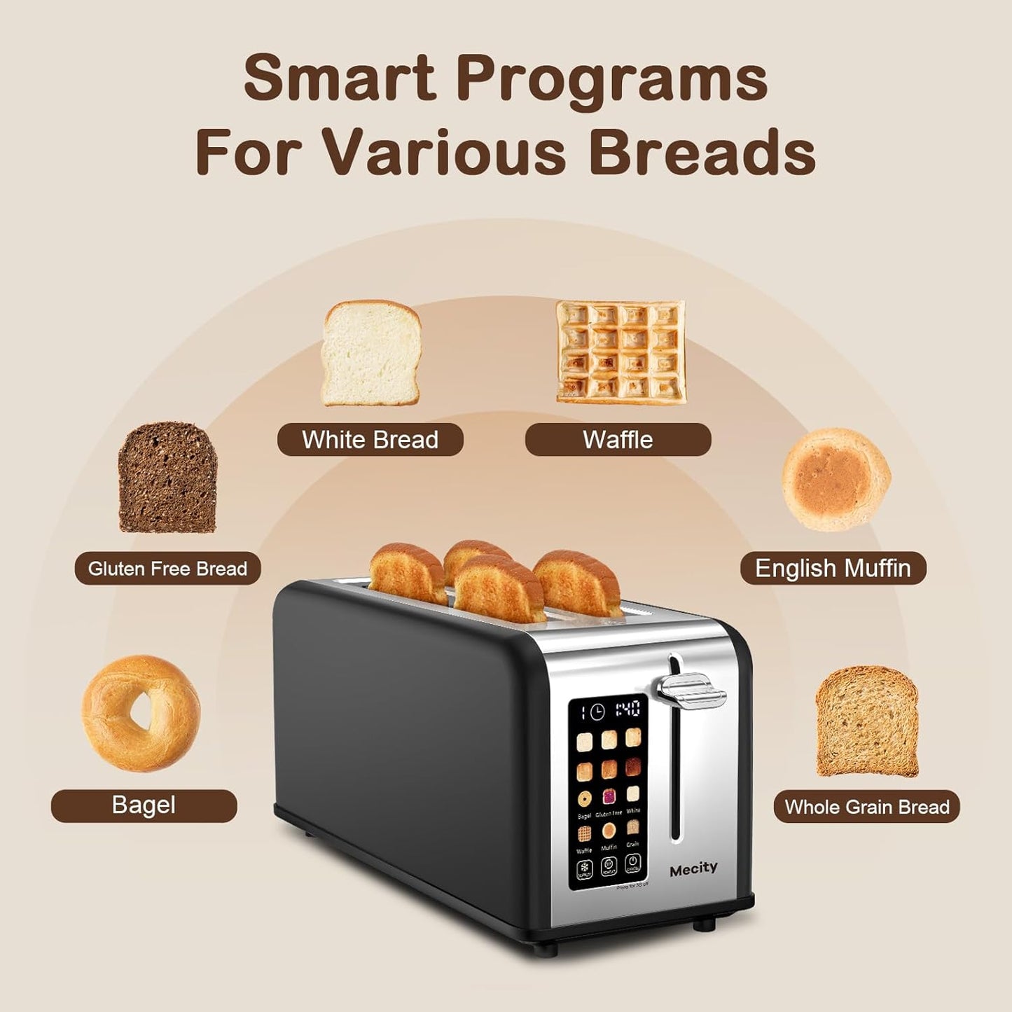 Mecity 4 Slice Toaster with Touchscreen Long Slot, Stainless Steel Smart Bread Toaster for Bagel Muffin Waffle Gluten Free Breads, Timer, Defrost, Reheat, 120V 1400W