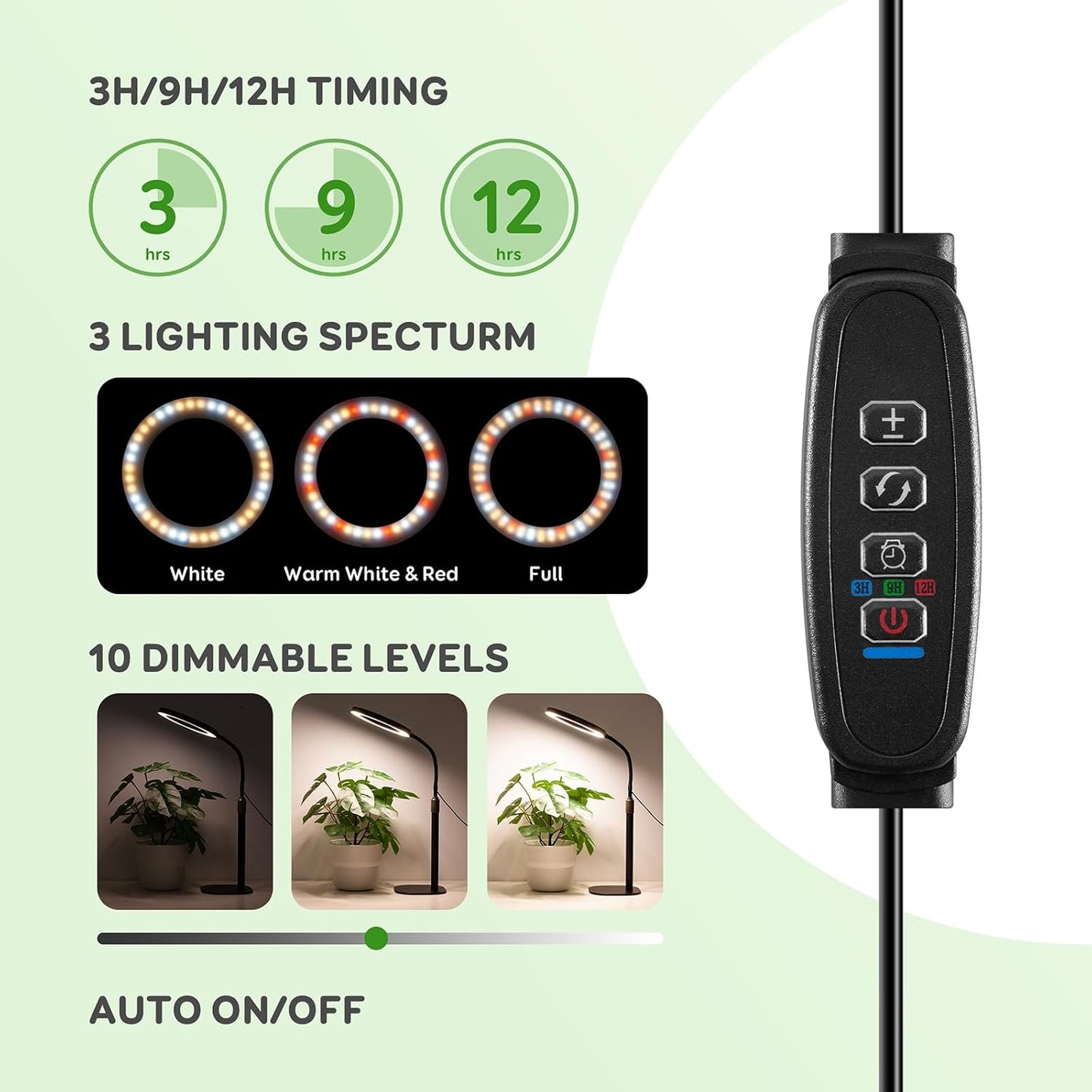 One Head Grow Lights for Indoor Plant Full Spectrum, Desk Halo Plant Lights for Indoor Growing with 3H/9H/12H Timer, 5 Dimmable Levels,Height Adjustable 9.4-23.6",Strong Metal Base Happy Light