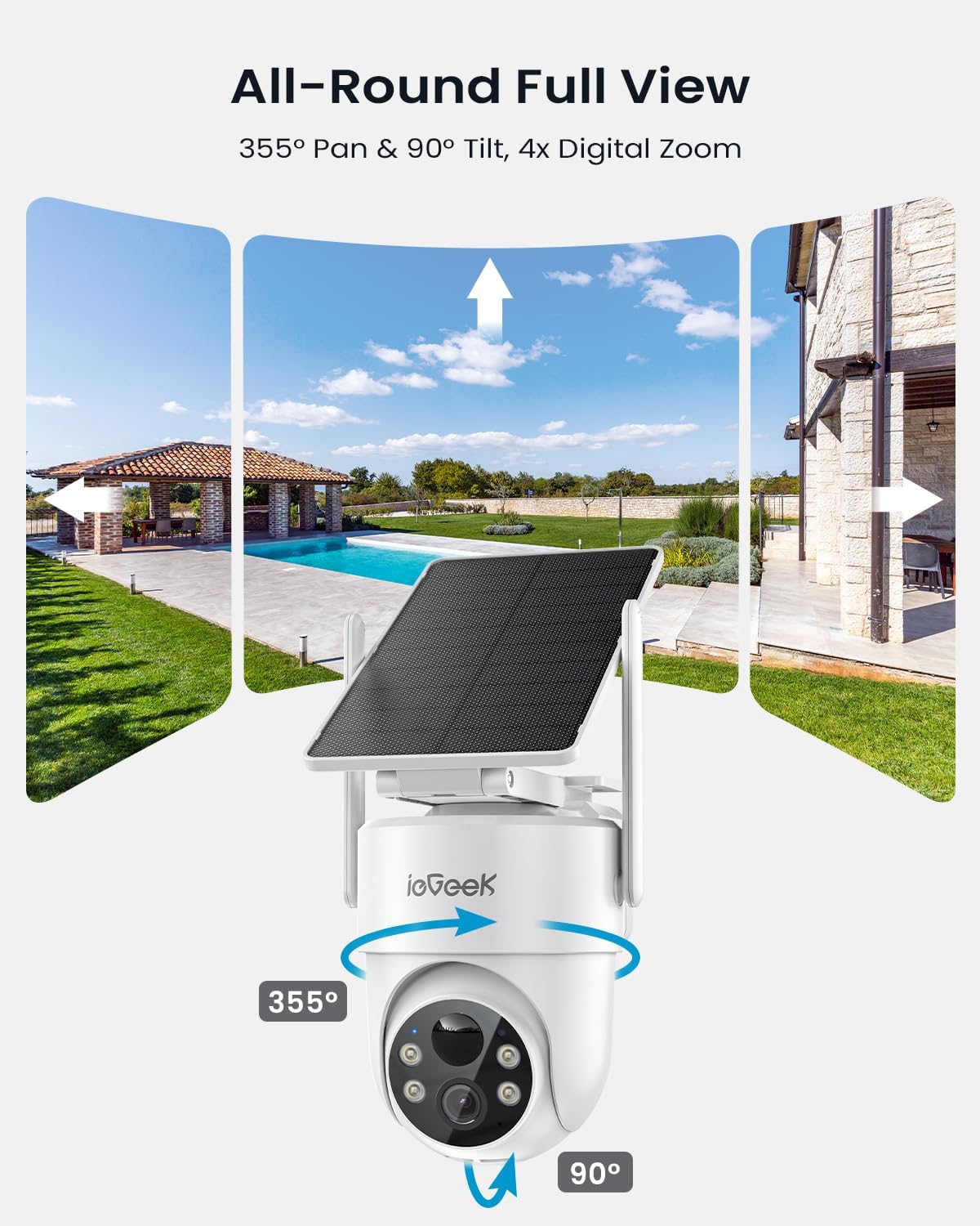 ieGeek Solar Security Camera Wireless Outdoor – 2K 3MP WiFi Camera with Removable Solar Panel, Long Battery Life, 360° Pan Tilt, Color Night Vision, AI Detection, 2-Way Audio, IP65 for Home Security