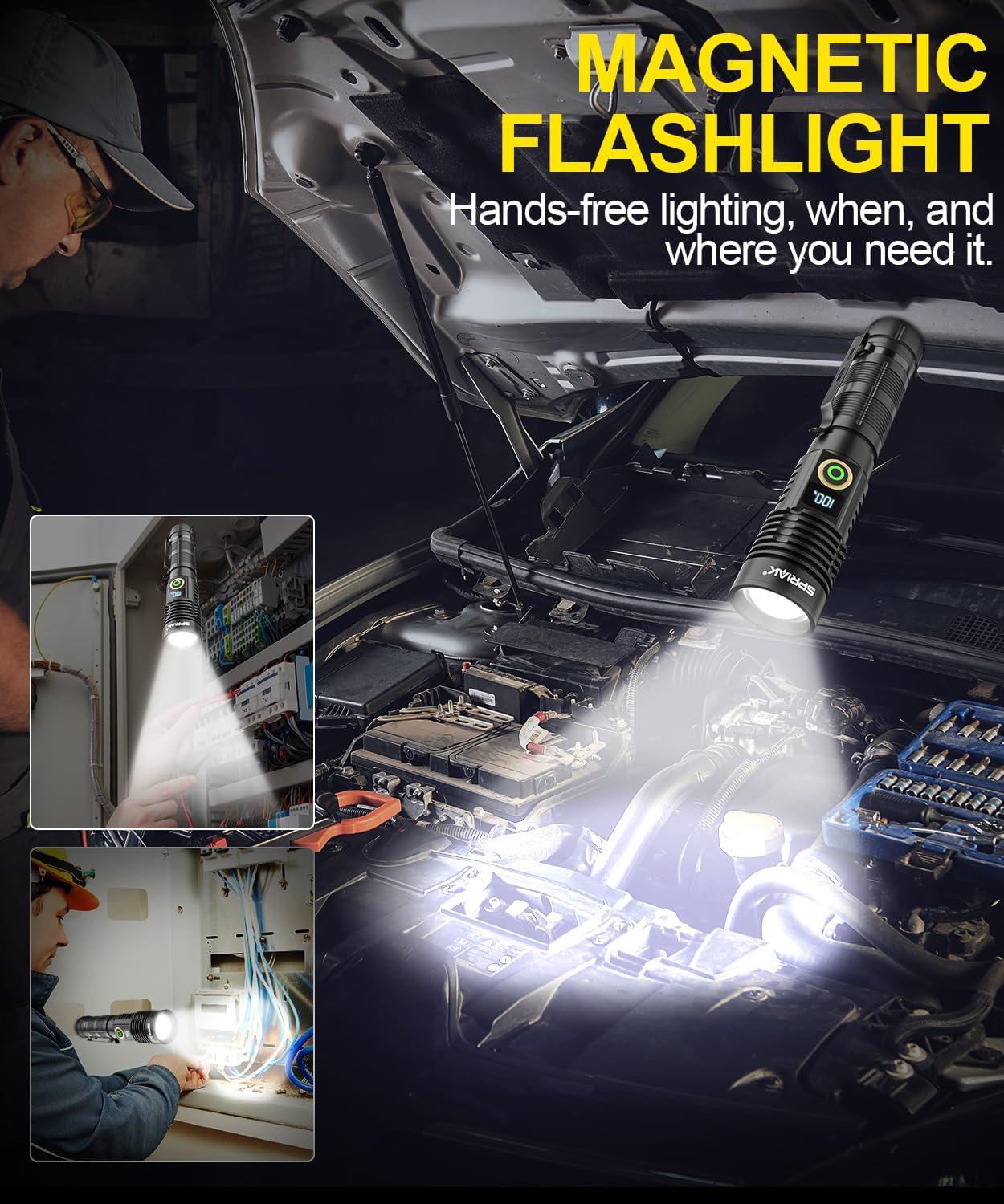 Rechargeable Flashlight High Lumens- Super Bright Magnetic Flash Light with Power Digital Display, Long Range,Dimmable,Waterproof,Pocket Tactical LED Flashlights for Emergency Camping 2PC