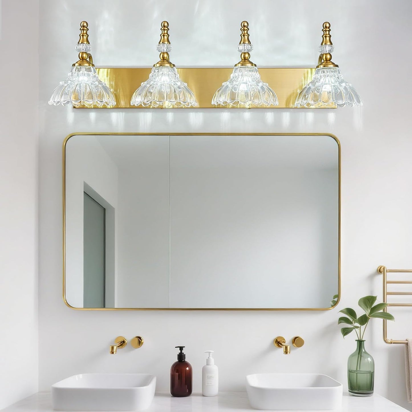 Vintage Bathroom Vanity Light, 4-Light Gold Vanity Lighting Fixture with Flower Glass Shade, Bathroom Lighting Fixtures Over Mirror