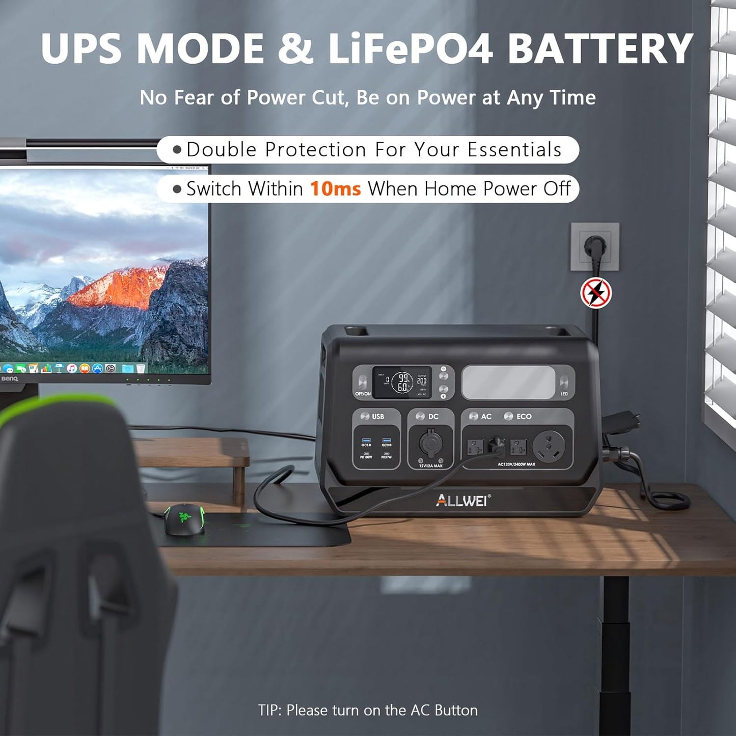 ALLWEI LiFePO4 Solar Generator 2400W with 2x 200W Solar Panels, 2048Wh Portable Power Station, Fast Charge in 1.5H, 4 AC Outlet, Home Battery Backup for RV Outdoor Camping Emergency Power Outage