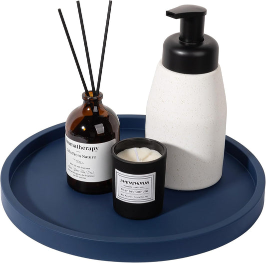 Silicone Bathroom Tray Round Vanity Tray Decorative Soap Holder Kitchen Countertop Organizer Coffee Table Decor for Candle, Perfume, Plant, 10 Inch, Dark Blue