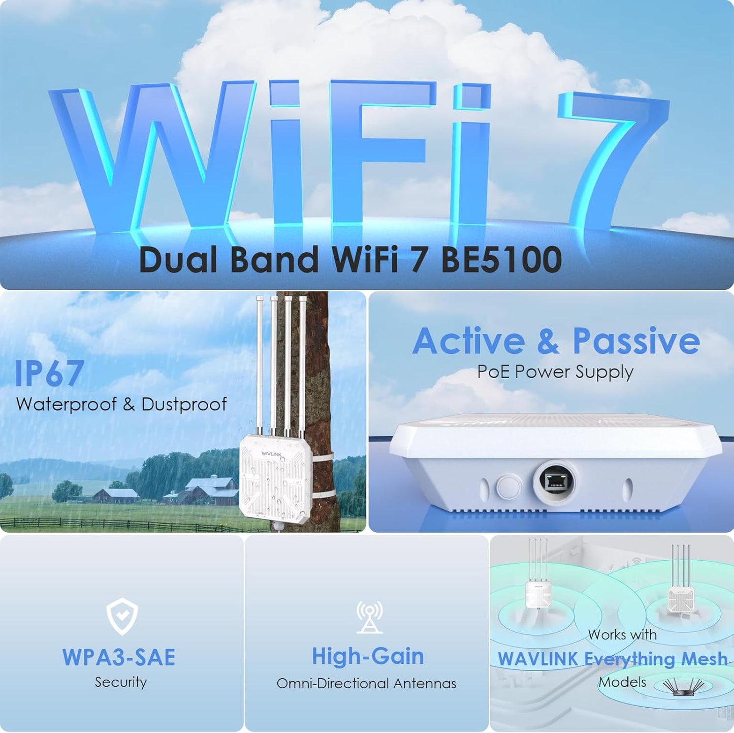 WAVLINK WiFi 7 BE5100 Outdoor WiFi Extender, Dual Band Long-Range Outdoor WiFi Repeater|Access Point|Mesh Router, POE Powered | IP67 Waterproof | 4 x 8dBi Antennas, 2.5 Gbps Ethernet, Up to 300M
