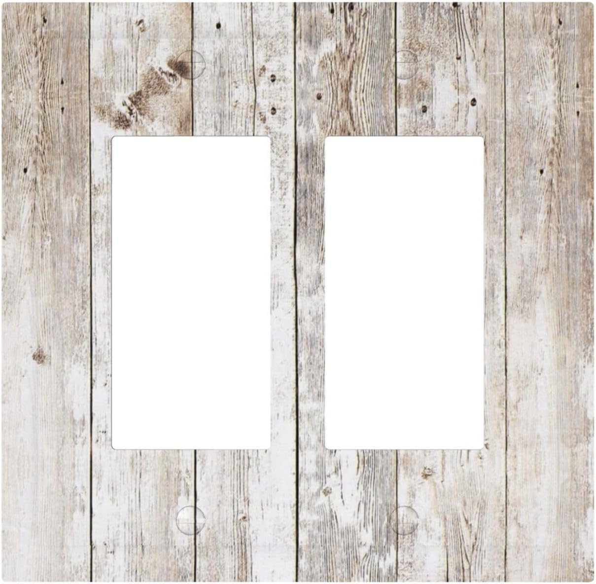 Vintage Light Wood Retro Rustic White Gray Oak Print Decorative Outlet Covers 2 Gang Double GFCI Rocker Electrical Wall Panels Light Switch Cover Plate for Farmhouse Home Decor