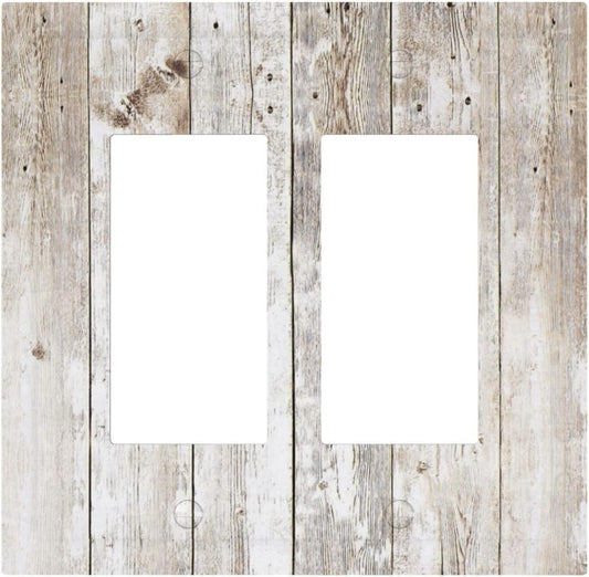 Vintage Light Wood Retro Rustic White Gray Oak Print Decorative Outlet Covers 2 Gang Double GFCI Rocker Electrical Wall Panels Light Switch Cover Plate for Farmhouse Home Decor