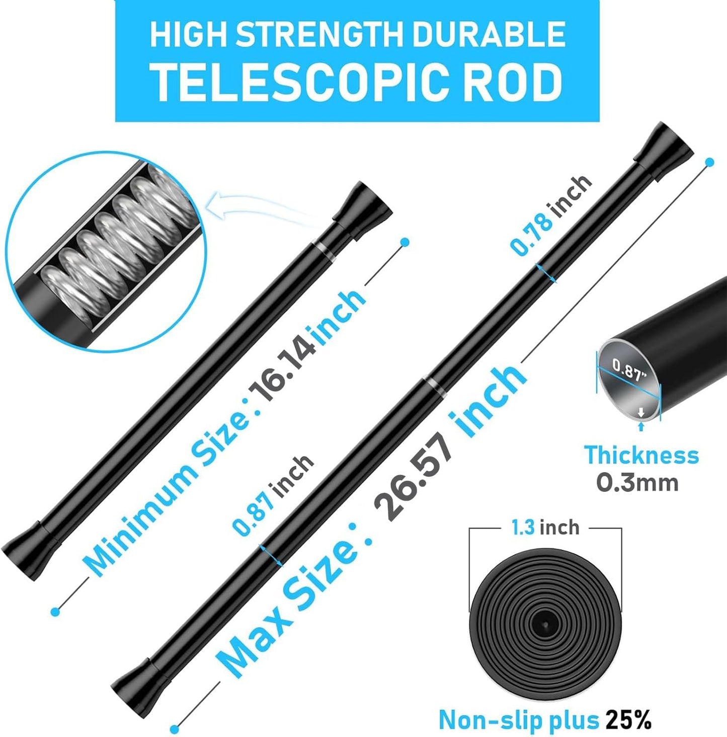 4 Pack Black Shower Curtain Rod 16 To 26 Inch Tension Shower Rod For Bathroom 7/8" Adjustable Spring Curtain Rod No Drilling Spring Rod Black Tension Curtain Rods for Windows Doorway Closet