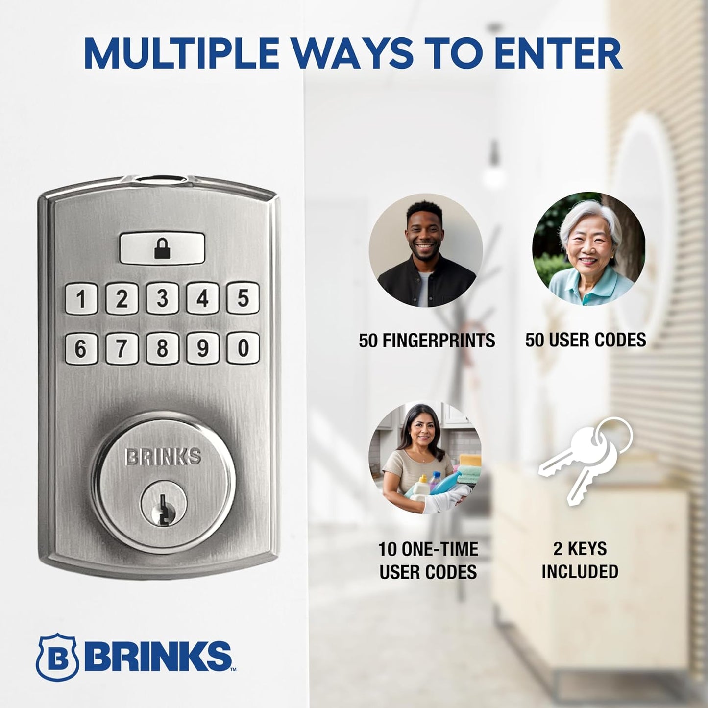 BRINKS Security Door Locks, High-Security Keyless Entry, Smart Electronic Door Lock with Deadbolt, Up to 50 Codes, Automatic Locking (Deadbolt & Passage Knob, Satin Nickel)