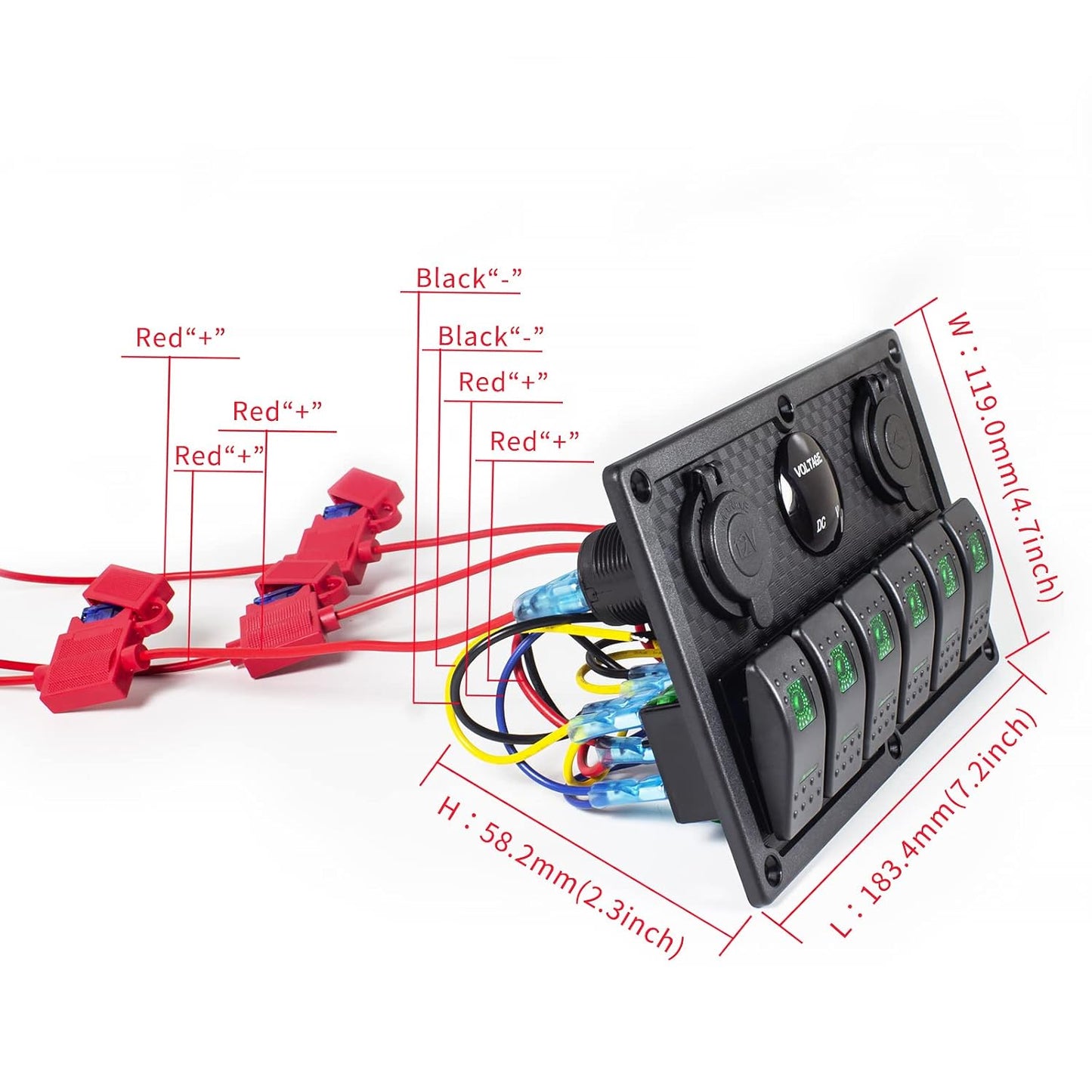 6 Gang Rocker Switch Panel, LED Digital Voltmeter with 3.1A Dual USB Charger, 12/24V Wired Toggle Switch Panel for Automotive Cars Marine Boats RVs Green