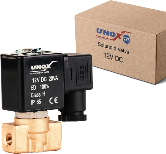 UNOX 1/4" NPT Solenoid Valve 12V DC, Brass Control Valve Normally Closed - 0-232 PSI Multi-Purpose Reliable Control Valve for Water, Air, and Gas - Solenoid Valves