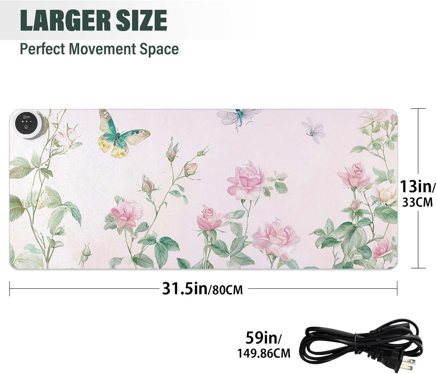 Heated Desk Pad Mouse Pad 31.5x13 Inch PU Leather Desk Mat with 3 Heat Levels Large Mouse Gaming Computer Laptop Mat Pink Spring Rose and Dragonfly Butterfly
