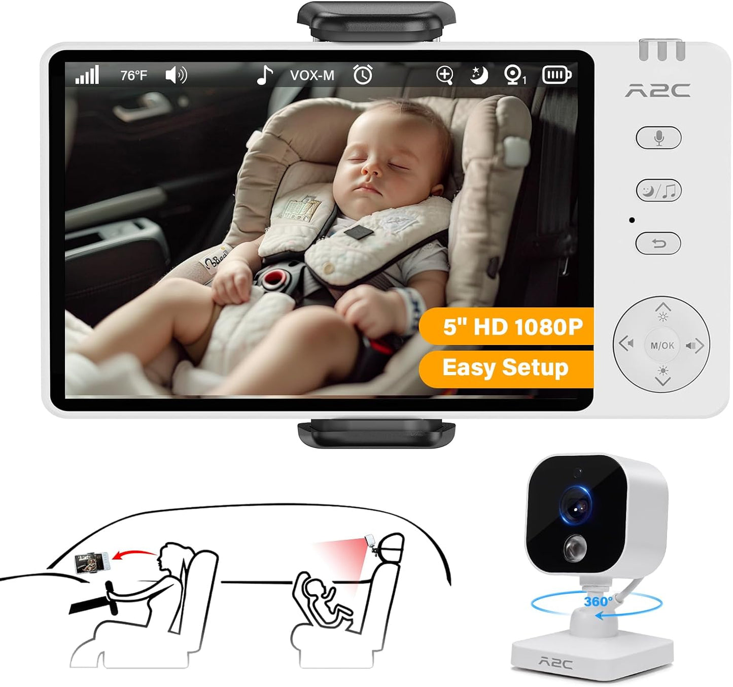 A2C Baby Car Camera, 5" 1080P HD Baby Monitor with Night Vision & VOX Mode, Rear-Facing Car Seat Monitor for Backseat & Home, 1000FT Range, USB Powered Plug & Play (No WiFi Needed)