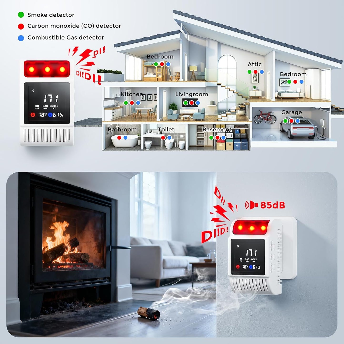 Carbon Monoxide Detectors & Gas Detector, Smoke and Carbon Monoxide Detector Battery Backup with Temperature Humidity Detection, Fire Alarms Smoke Detectors Adjustable Brightness & Sound 3 Pack