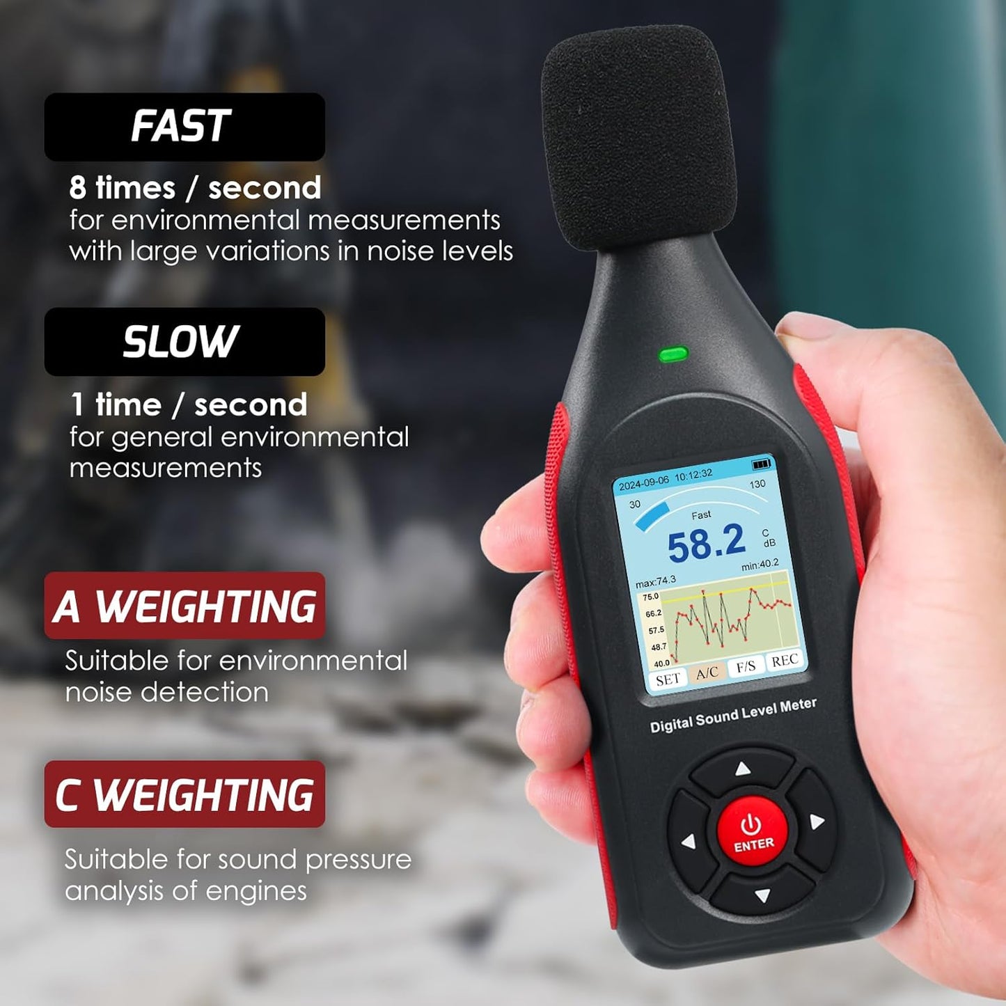 Decibel Meter Data Logger Digital Sound Decibel Meter, Sound Level Meter with 43,000 Data Record & Export, Rechargeable Noise Meter with A/C Frequency&DC Output, 3-Color Alarm, Real Time Measurement
