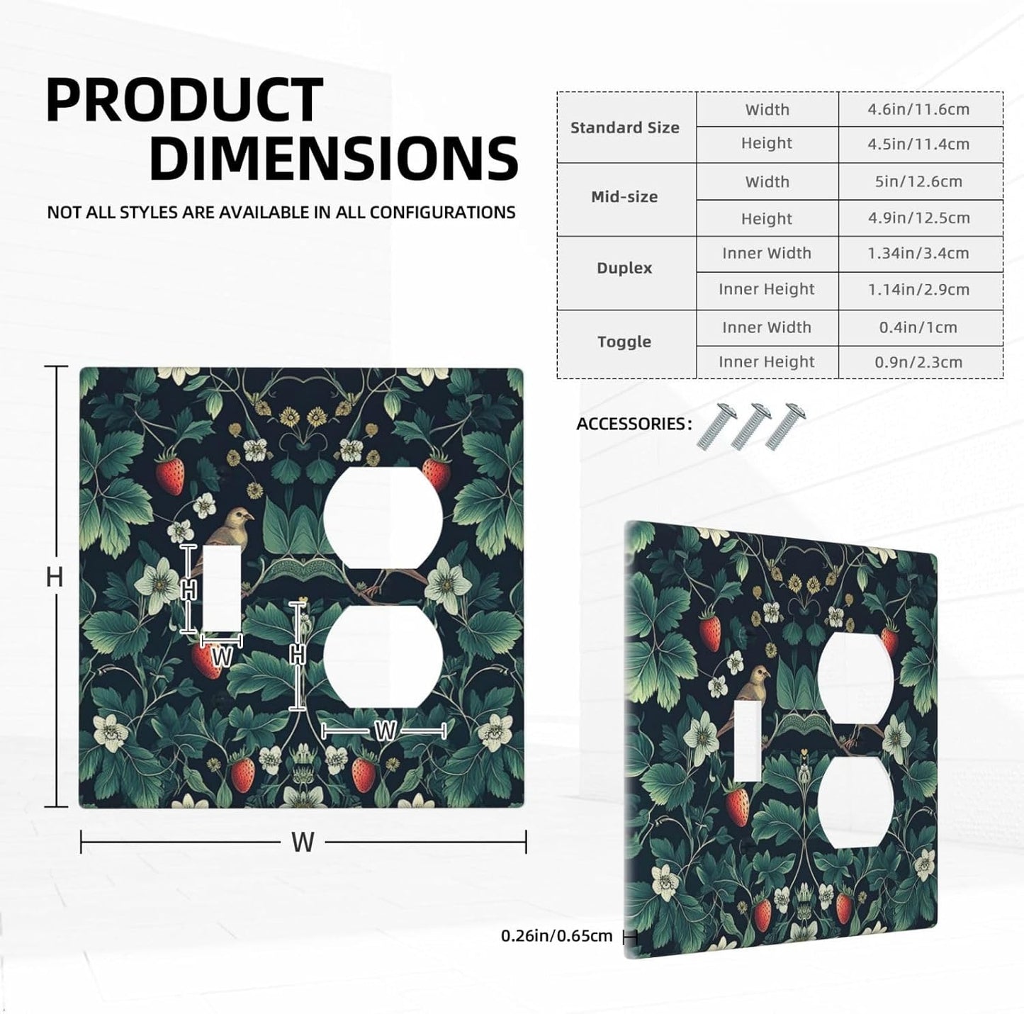 Wallplates Strawberry Birds Flowers Plant Morris Floral 1 Toggle 1 Duplex Switch Plate Electrical GFCI Faceplate Decorative Light Switch Covers for Bedroom Farmhouse Decor