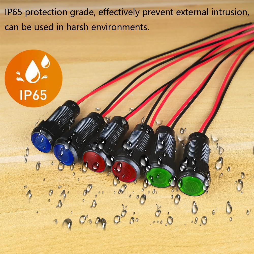 6pcs Red/Blue/Green LED Indicator Pilot Light AC/DC 12-24V Mounting Hole Size 10mm(Flame Retardant Plastic Shell)