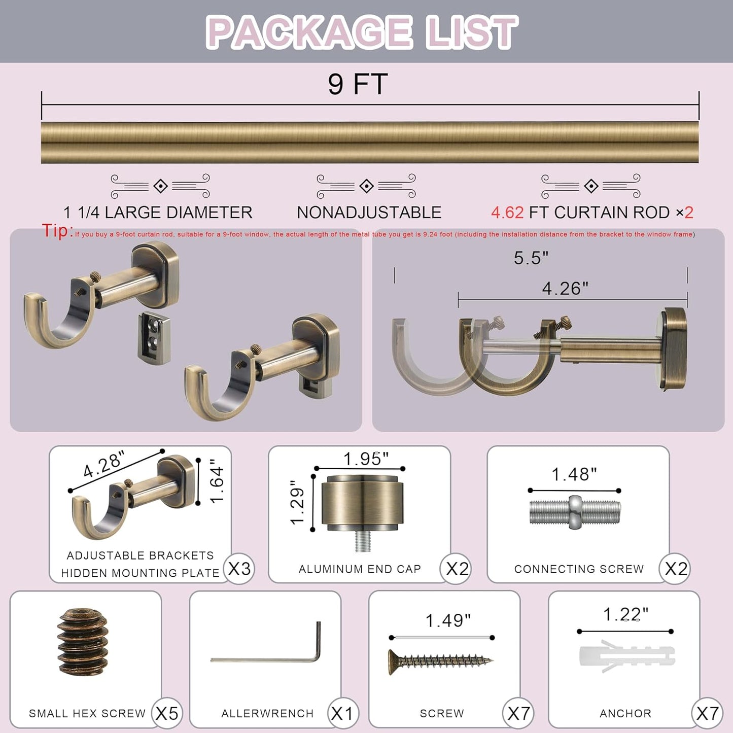 Heavy Duty Curtain Rods,1 1/4" Large Diameter Premium Nonadjustable Curtain Rod,108in/9ft Custom Window Treatment Rods with Durable Aluminum Brackets and End Caps,Antique Bronze Finish