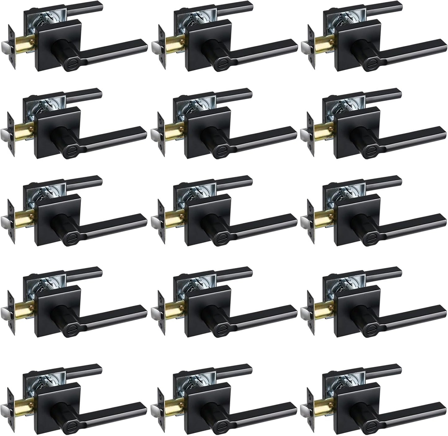 Privacy Door Lever, Heavy Duty Bathroom Bedroom Handle Lock, Keyless Interior Knobs, Matte Black, Reversible for Right&Left Handed, 15Packs