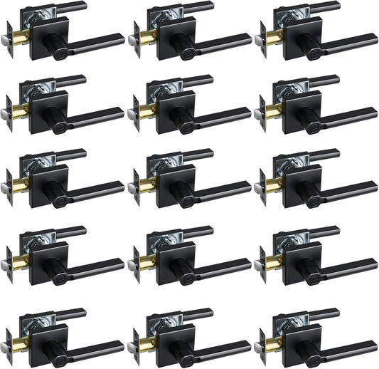 Privacy Door Lever, Heavy Duty Bathroom Bedroom Handle Lock, Keyless Interior Knobs, Matte Black, Reversible for Right&Left Handed, 15Packs
