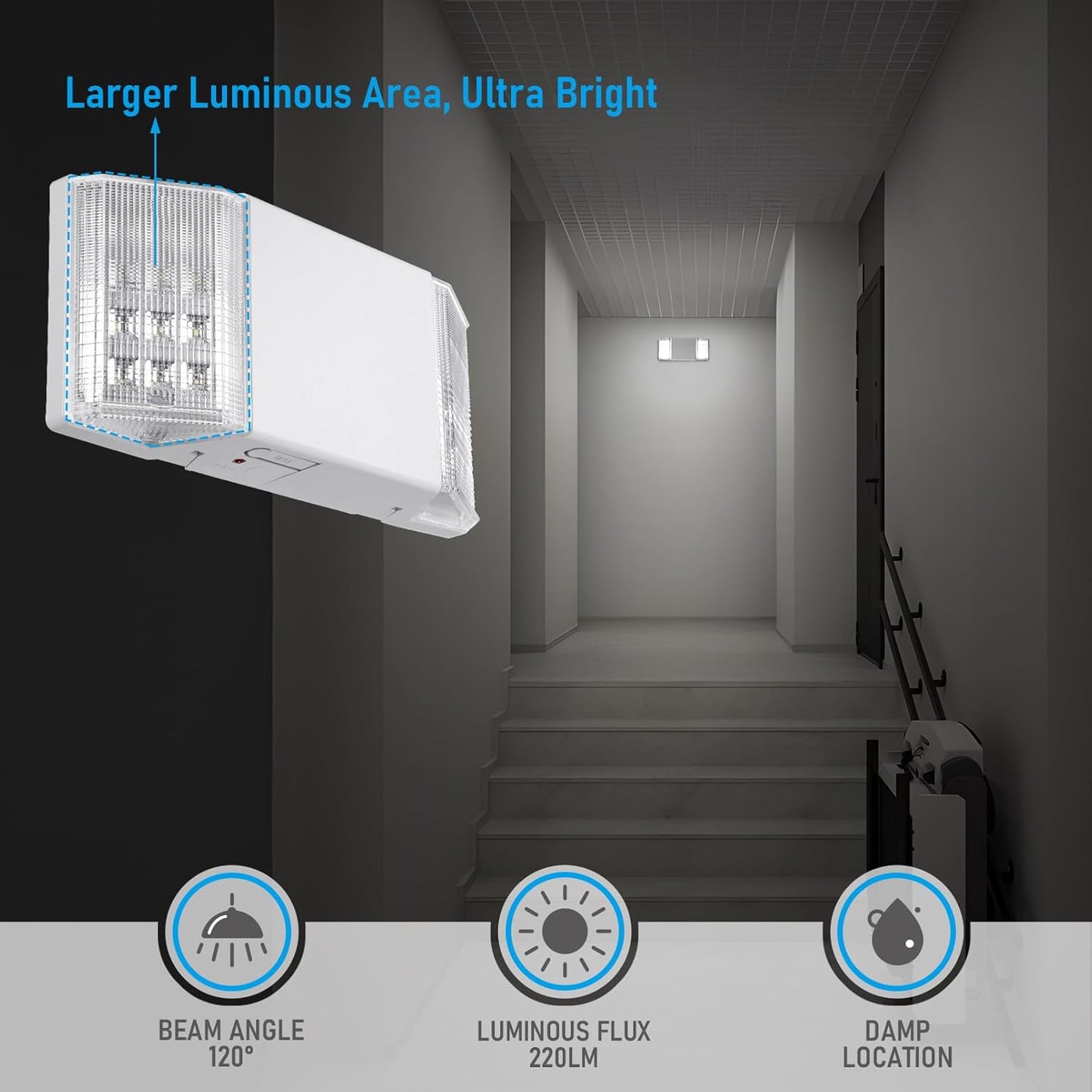 TORCHSTAR LED Emergency Lighting, Commercial Emergency Lights with Battery Backup, UL Listed, Two Square Heads, AC 120/277V, Hardwired Emergency Exit Light Fixtures for Business, Pack of 2