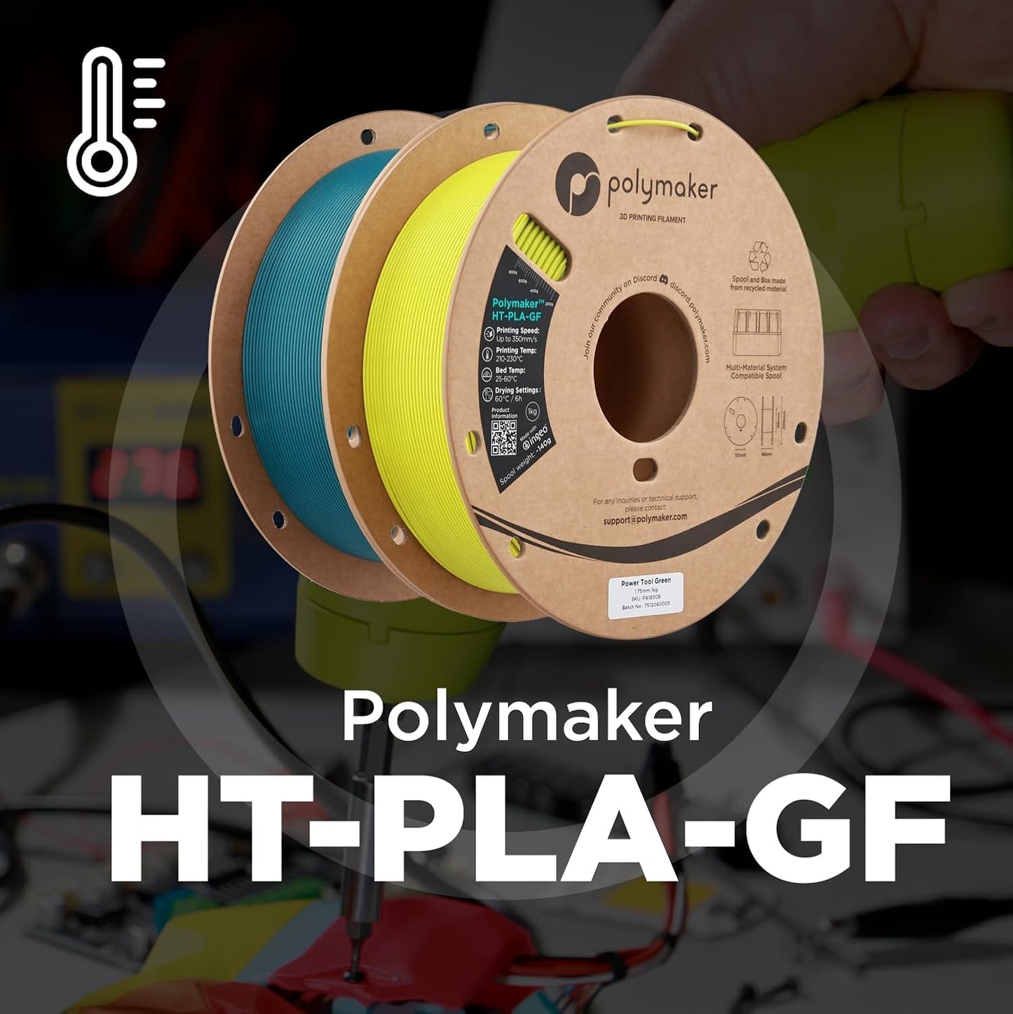 Polymaker HT-PLA-GF Filament 1.75mm Blue, High Temp PLA for 3D Printing, Heat Resistant to 150°C, Easy to Print, Easy to Anneal, Works with Most FDM Printers, 1kg Spool