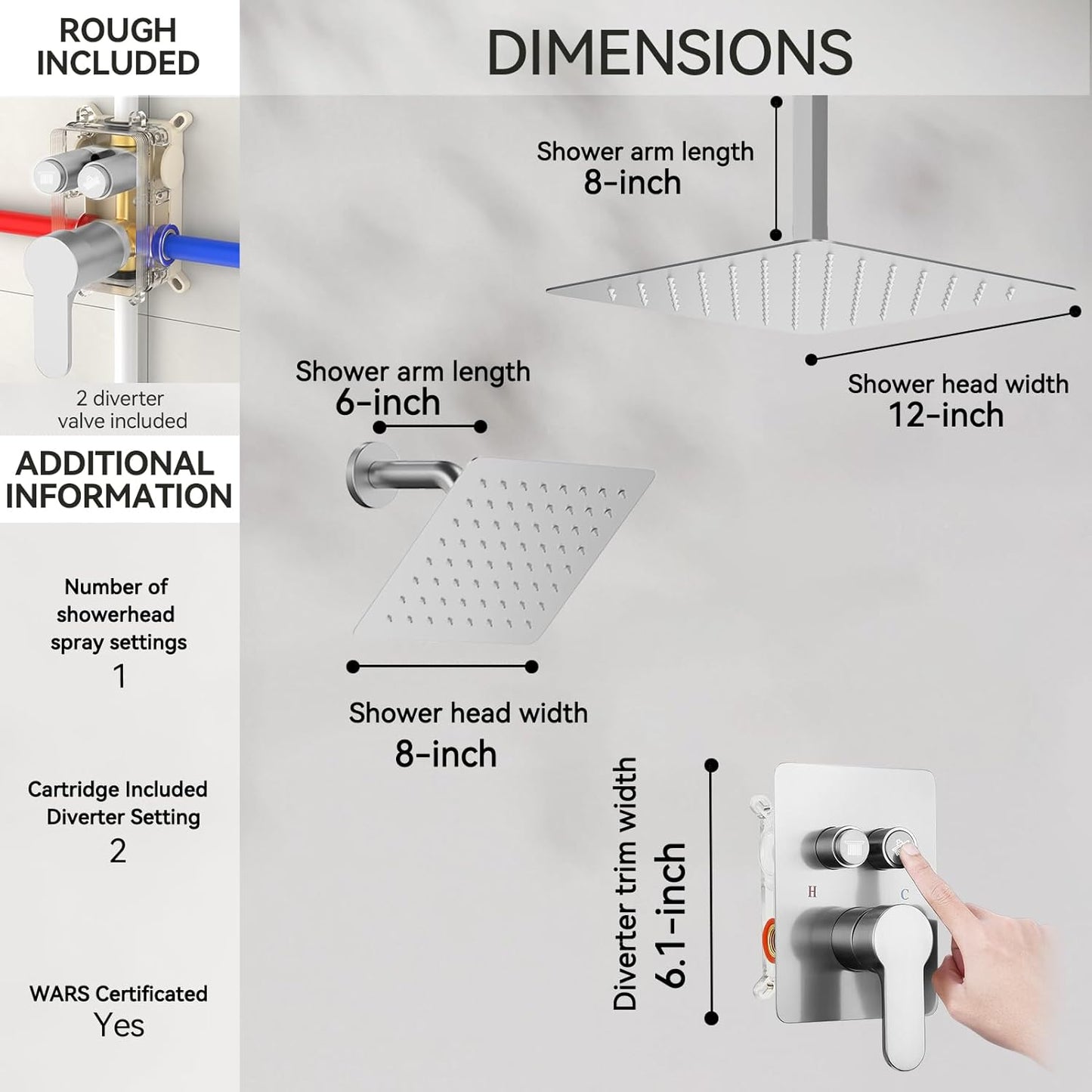 Shower Faucets Sets Shower System Brushed Nickel, STARBATH 12" Ceiling Mount Rain Showerhead and 8" Wall Mounted Rainfall Shower for Couples, On Off Button Valve Dual Head Shower Systems Complete