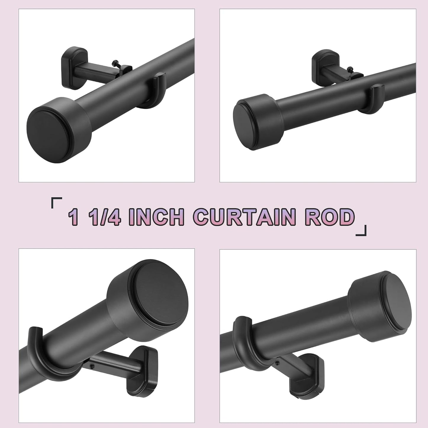Heavy Duty Curtain Rods,1 1/4" Large Diameter Premium Nonadjustable Curtain Rod,72in/6ft Custom Window Treatment Rods with Durable Aluminum Brackets and End Caps,Black Finish