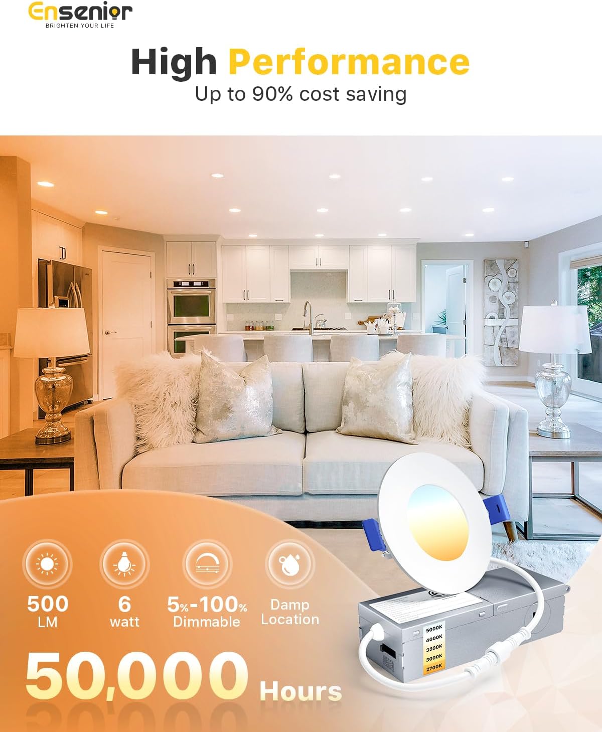 Ensenior 12 Pack 3 Inch LED Recessed Ceiling Light, Dimmable, 2700K-5000K 5CCT, 500LM 6W 120V, High Brightness Canless Wafer Downlight - ETL&FCC&IC