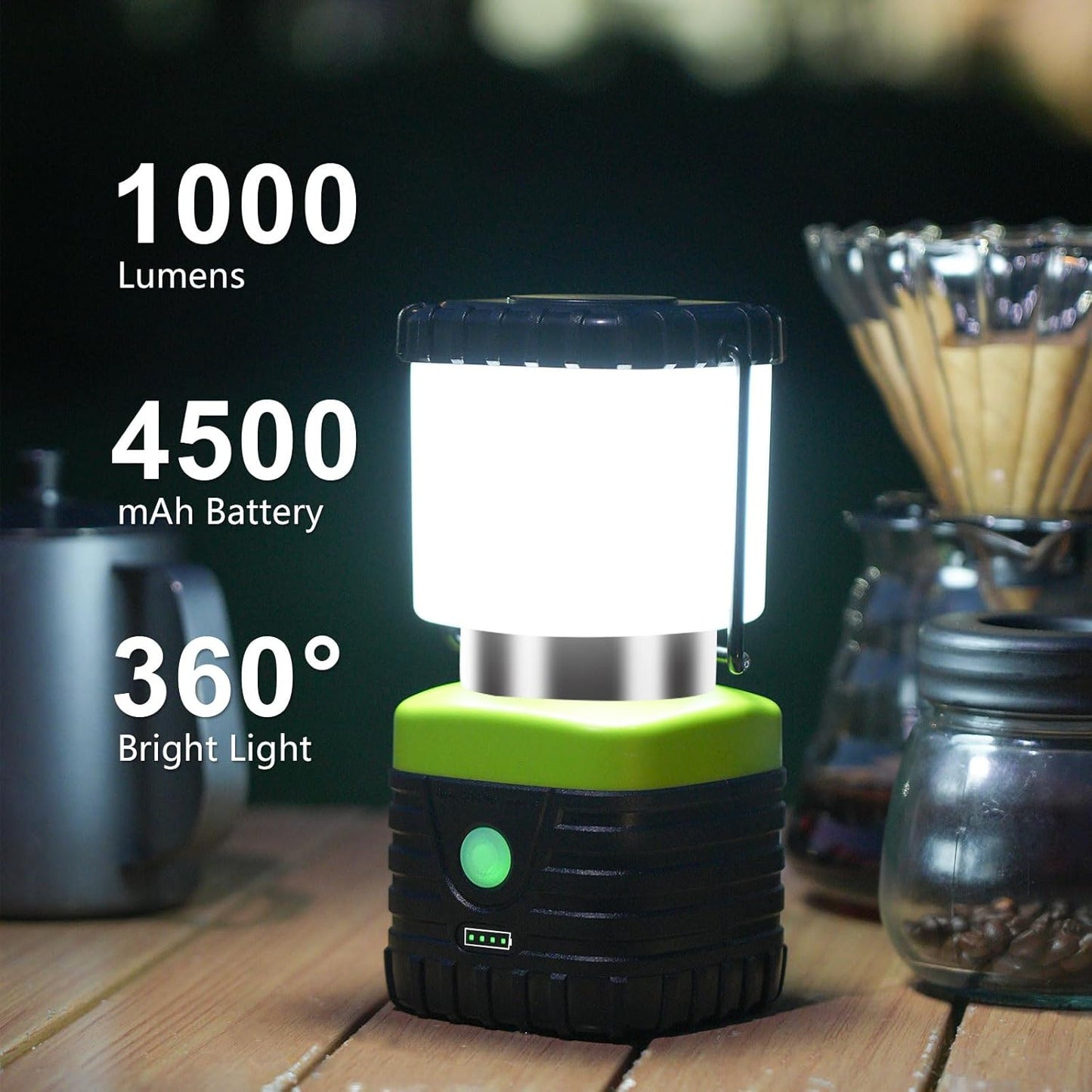 2PCS 6500K White Light LED Camping Lantern Rechargeable 1000LM, 4500mAh Power Bank, Flashlight for Hurricane Emergency, Hiking, IP44 Waterproof Lantern(Green)