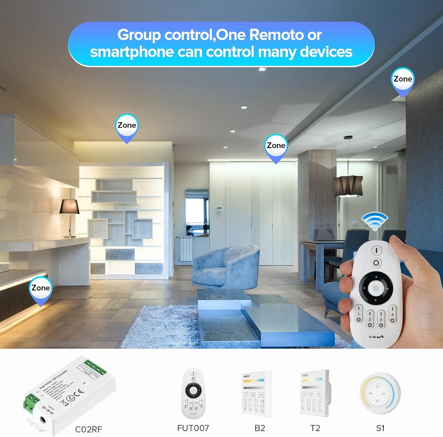 C02RF LED Controller Support PWM 5050SMD COB CCT(+ CW WW) 3pin LED Strip Tunable Color Temperature LED Compatible with WR02RF RC02RF Remote DC5V/DC12V/DC24V Max 12A Indoor Use Only