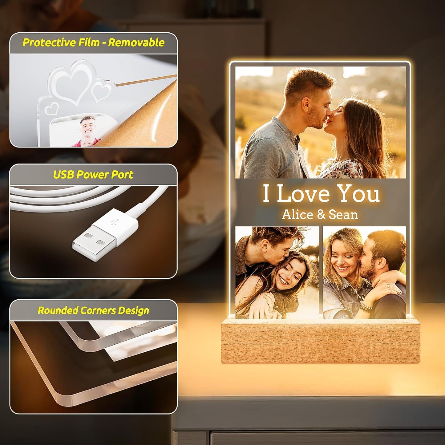Custom Picture Frames with Photo, Personalized Photo Frame with Night Light, Customized Picture Frame, Personalized Anniversary Valentines Day Gifts for Women Men Her Him Girlfriend Boyfriend Couple