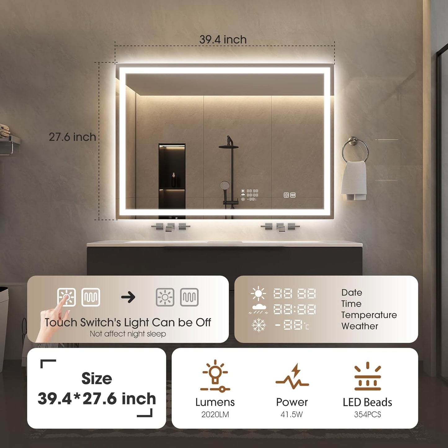 STARLEAD 40"x28" LED-Bathroom-Mirror-with-Lights, Wall-Mounted with Clock, Anti-Fog, 3 Color Temperature, Dimmable Brightness, Waterproof, Tempered Glass, Frontlit & Backlit