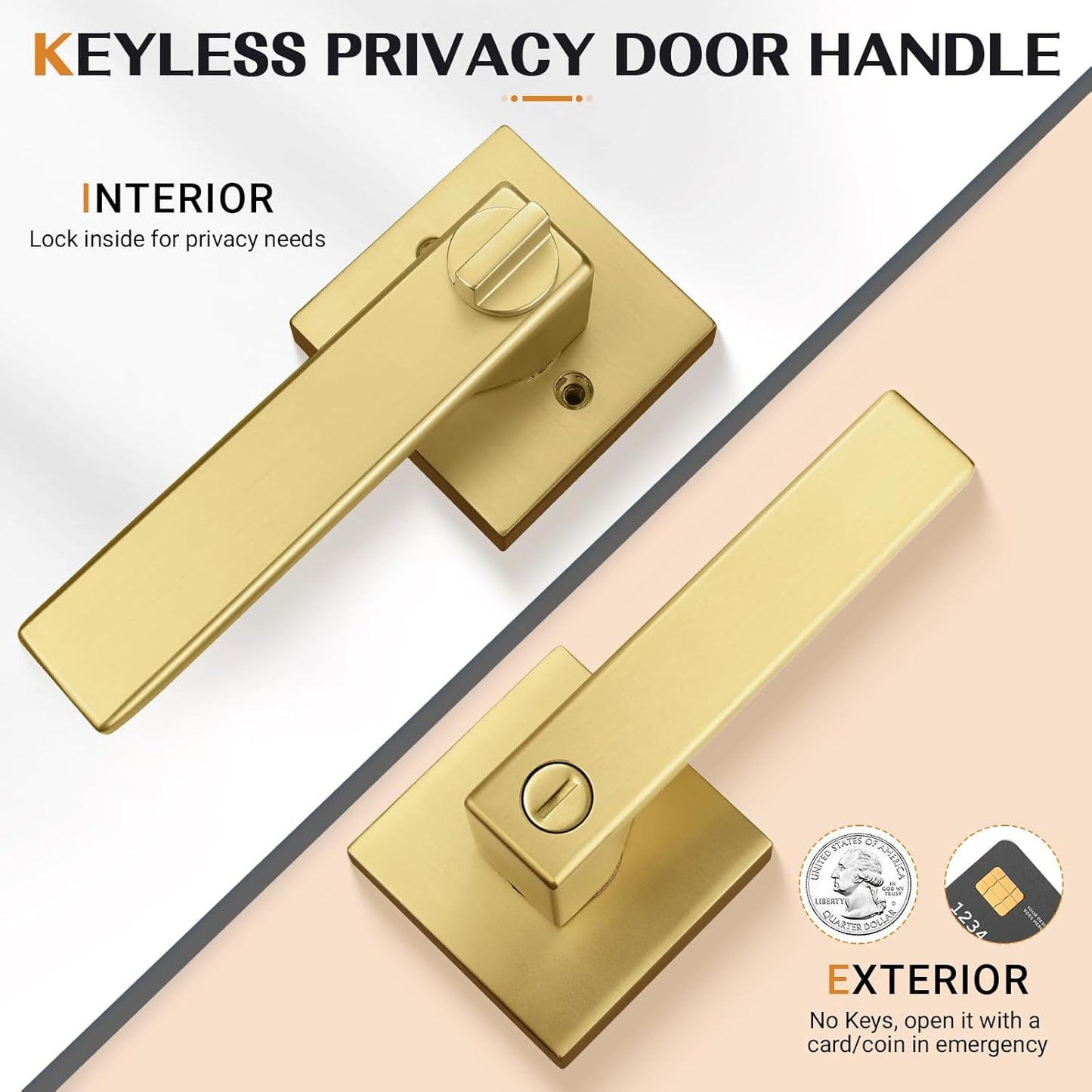 Probrico Heavy Duty Flat Gold Door Handles Square Privacy Interior Door Levers Bedroom and Bathroom Door Handles Keyless Bed/Bath Lockset (2 Pack)