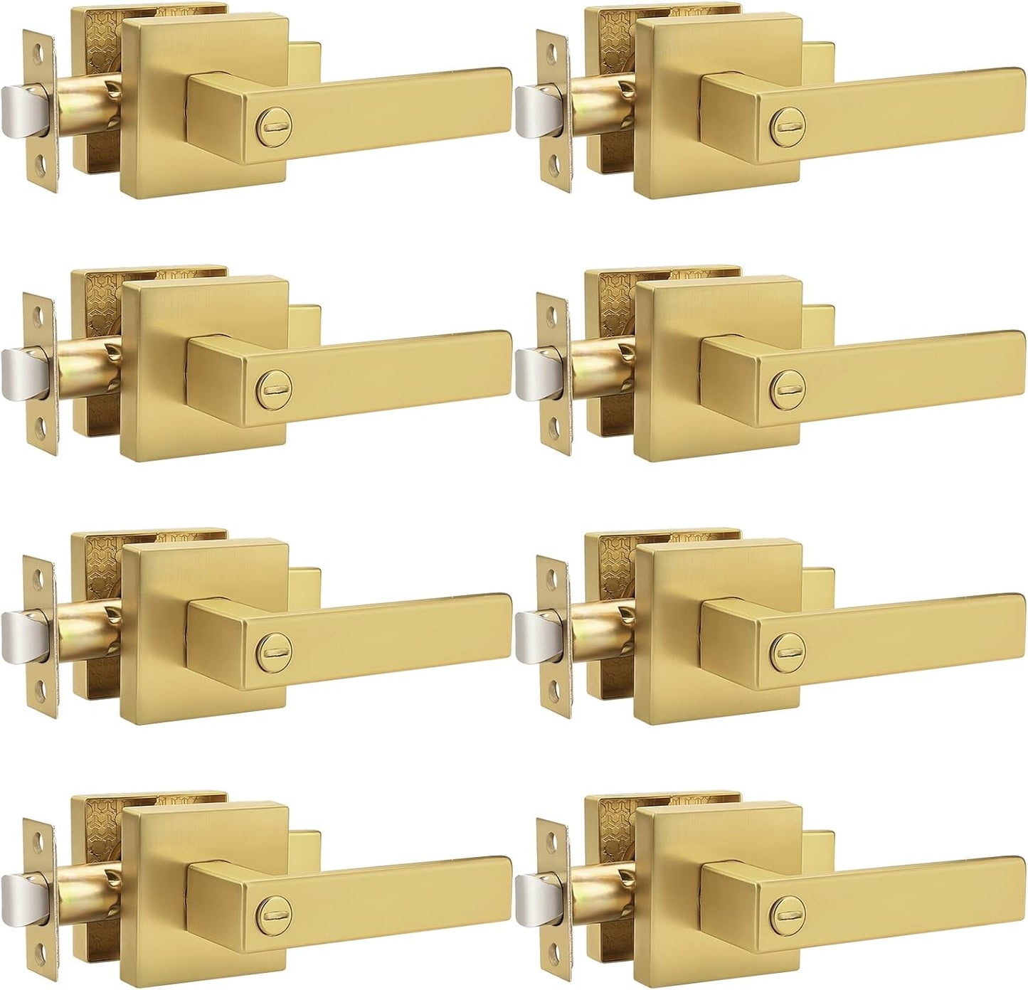 Probrico Heavy Duty Flat Gold Door Handles Square Privacy Interior Door Levers Bedroom and Bathroom Door Handles Keyless Bed/Bath Lockset (8 Pack)