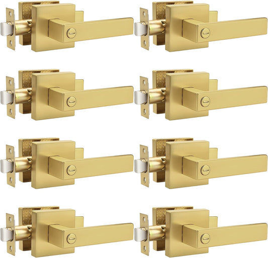 Probrico Heavy Duty Flat Gold Door Handles Square Privacy Interior Door Levers Bedroom and Bathroom Door Handles Keyless Bed/Bath Lockset (8 Pack)