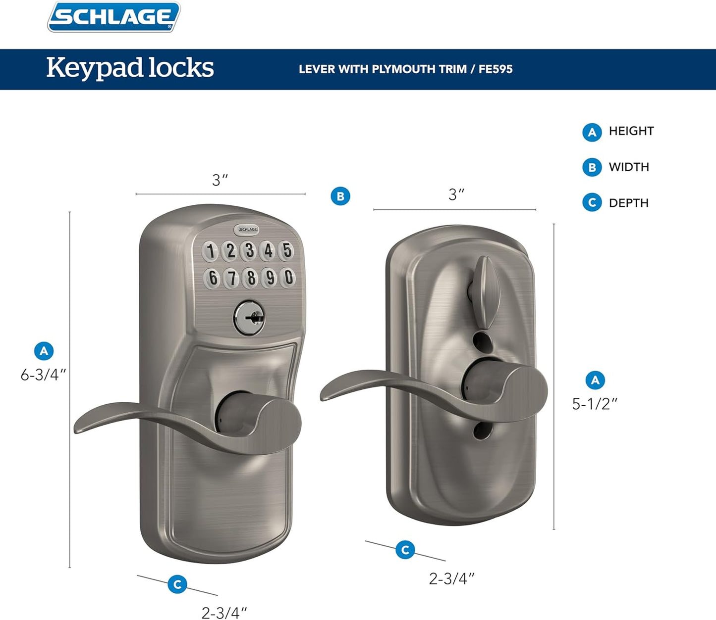 SCHLAGE Brushed Chrome FE595CS V PLY 626 ELA Plymouth Light Commercial Electronic Keypad Lock with Elan Lever(Satin Chrome)