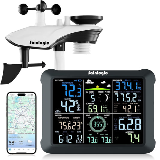 Sainlogic WiFi Smart Weather Station SA9 with 24H/ 7Days Accurate Weather Forecast by Weatherseed® AI, 8.5" Large Display,UV,Sun Light,Rain Gauge,Wind Gauge,2-Year Data Storage & Export(Only 2.4G)