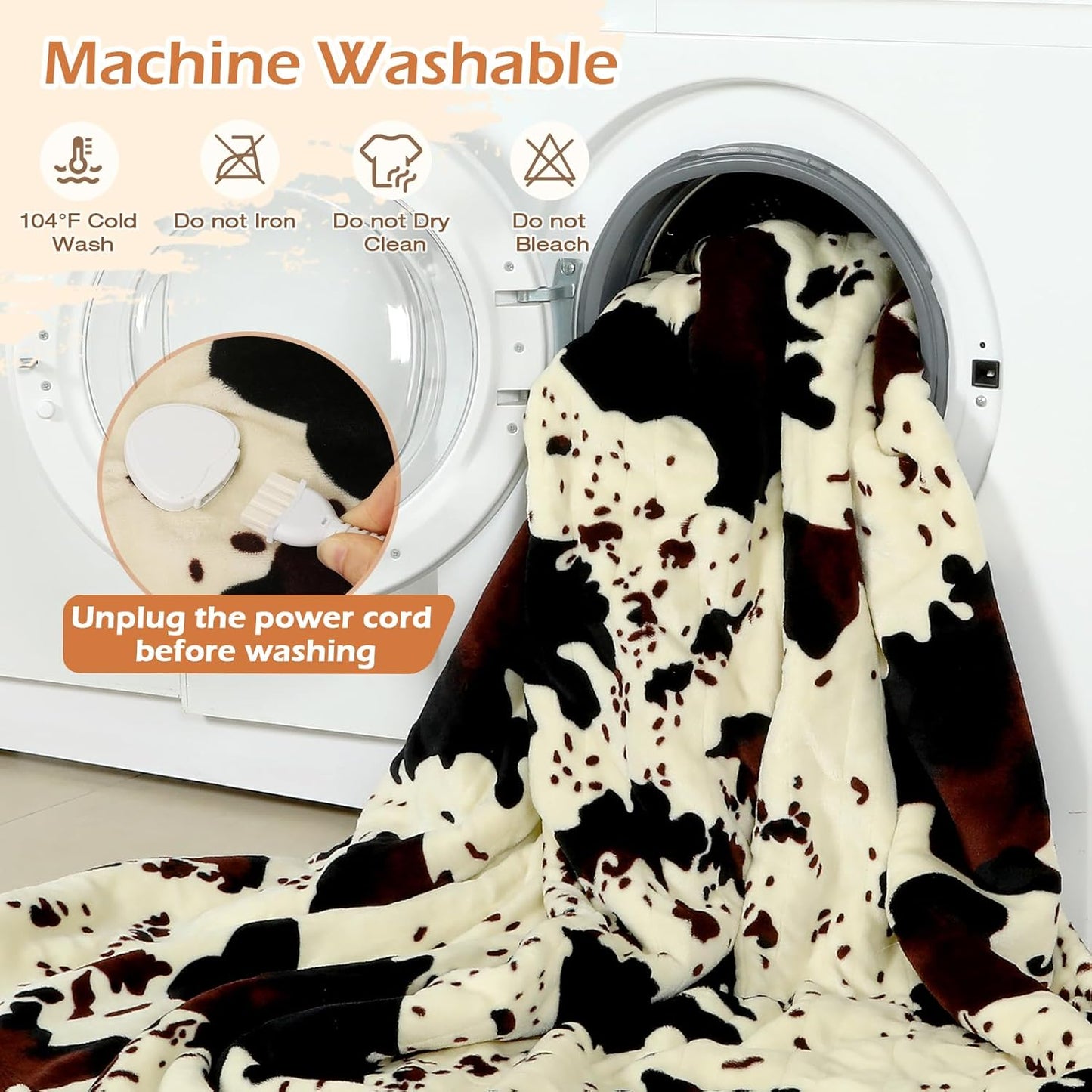 Cow Print Heated Blanket, 90"x100" Electric Blanket King Size Dual Control, Cozy Soft Flannel Sherpa Heating Blankets with 9 Heat Levels & 2/4/8/12H Auto-Off