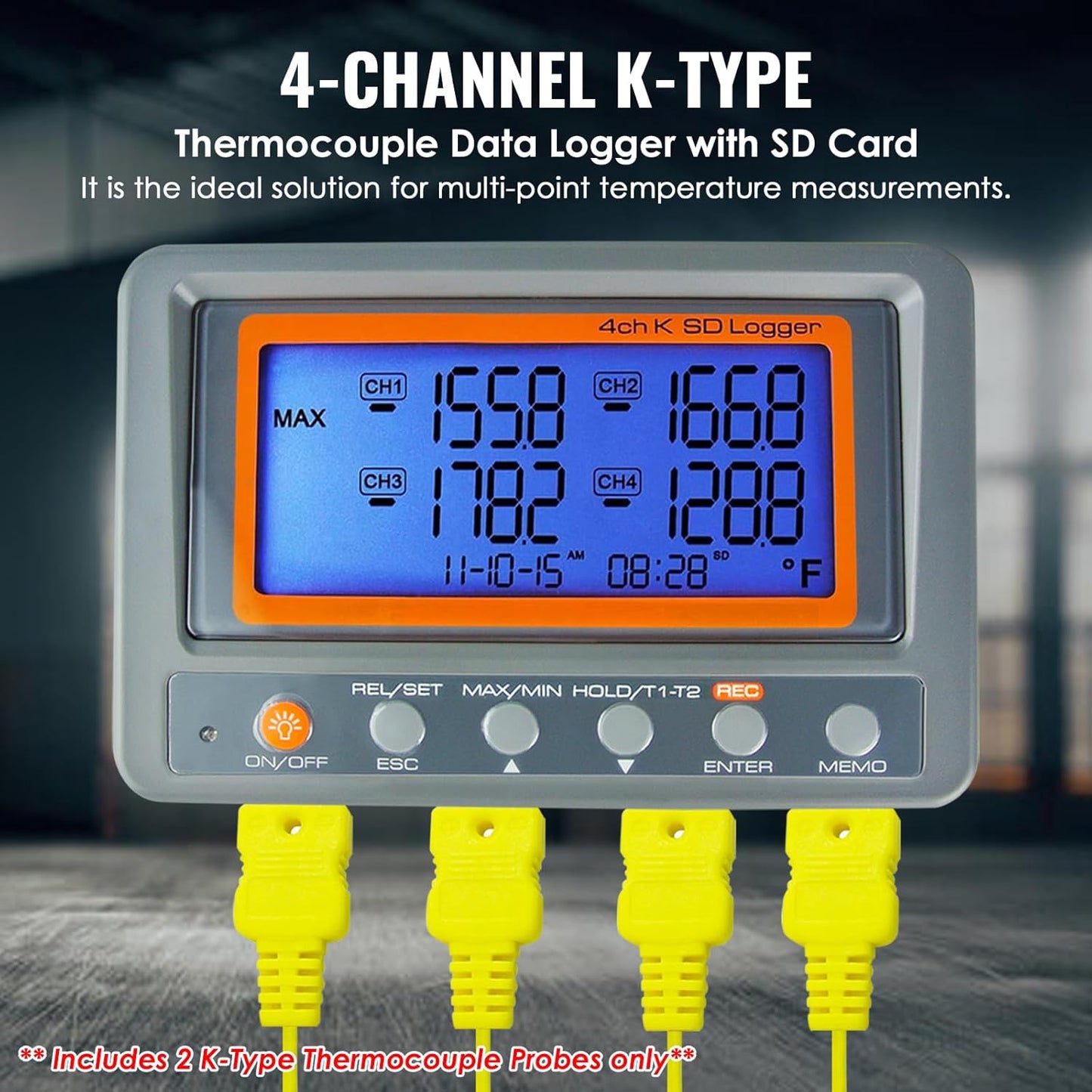 Digital 4 Channel K Type Thermocouple Thermometer Recorder with 8G SD Card Programmable Temperature Data Logger with Alarm Function Thermocouple Reader K Type Thermometer with 2 Thermocouples Probe