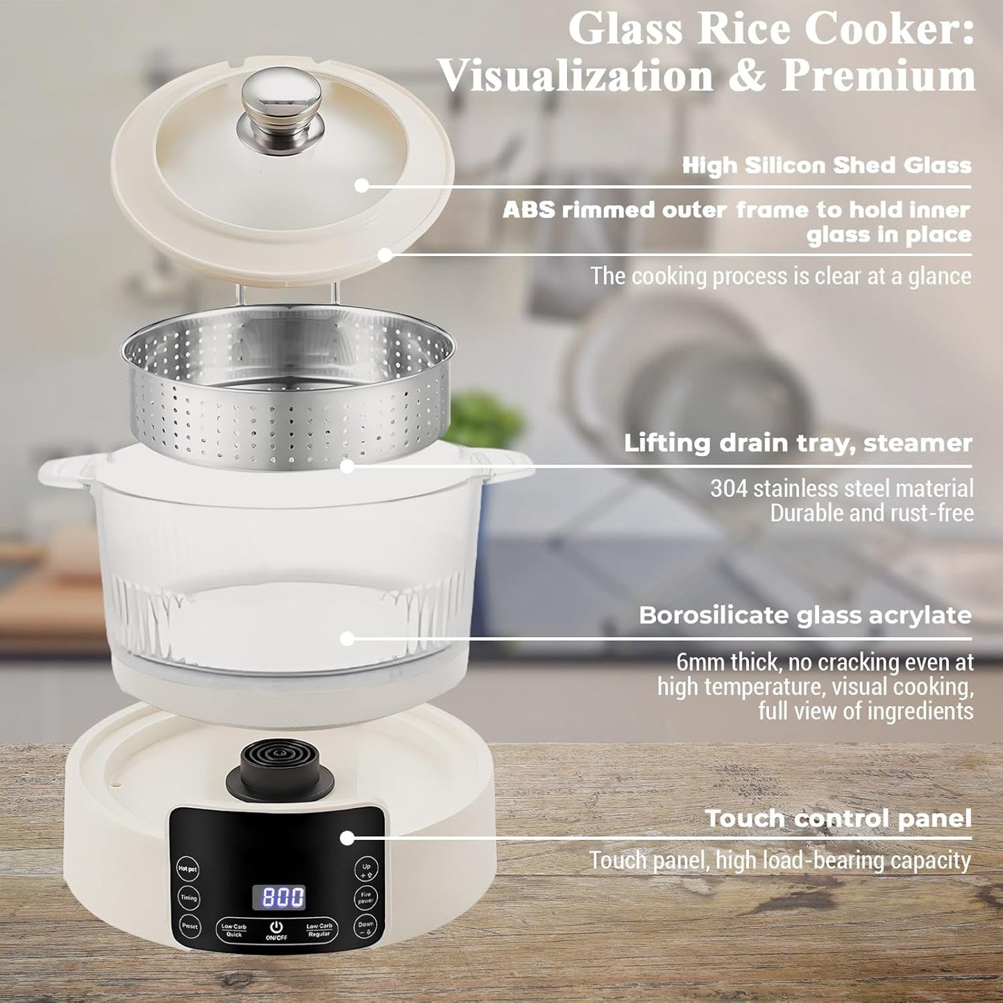 Low Carb Rice Cooker,3L Multifunction Smart Rice Cooker - 4H Keep Warm,Digital Display,Timer & Reservation Function,Suitable for Cooking,Simmering,Stewing,and Steaming(3L,Beige)