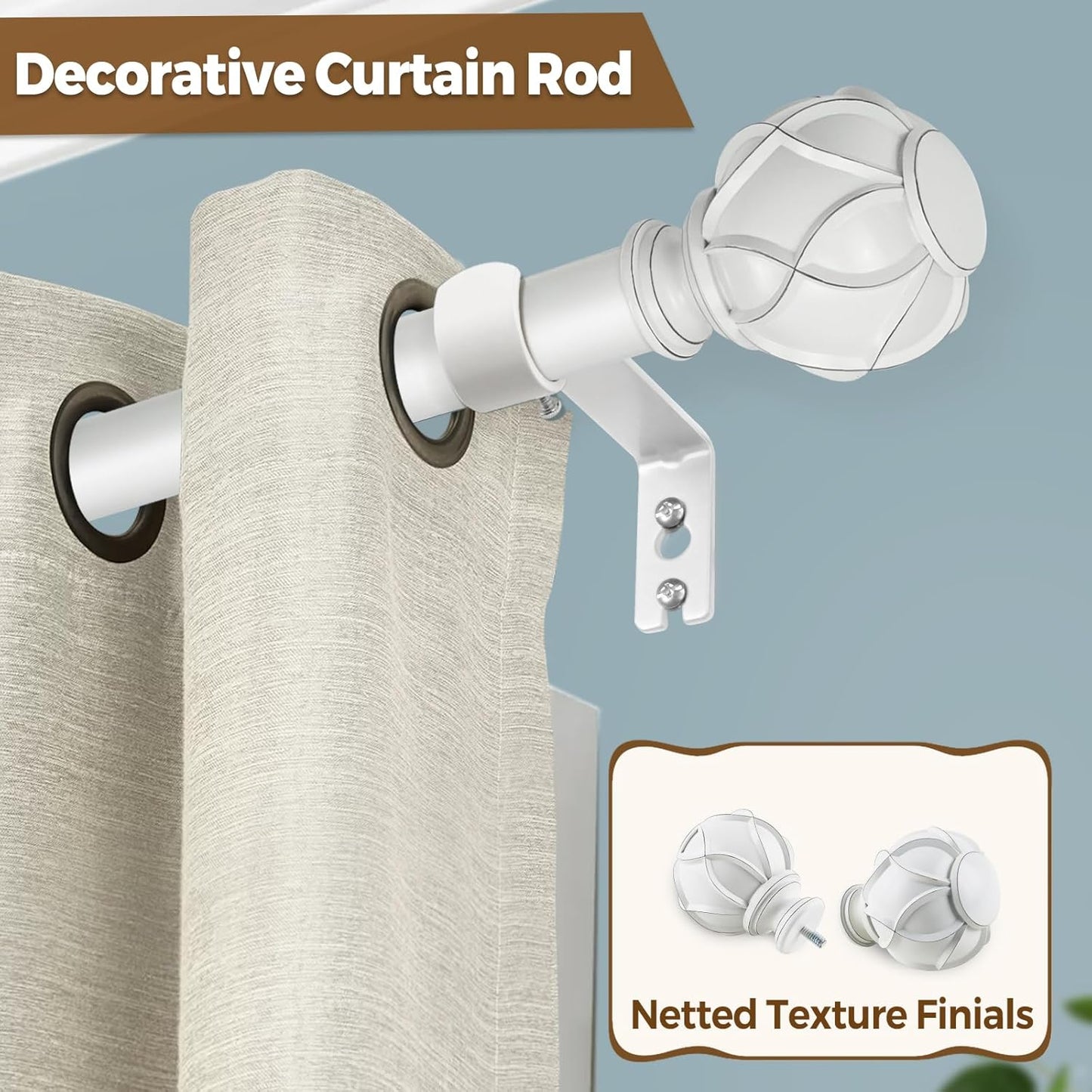 KAMANINA Curtain Rod 32 to 58 Inch(2.6-4.8Ft), Heavy Duty White Curtain Rods for Windows, 7/8 Inch Single Drapery Rod Adjustable, Decorative Netted Texture End