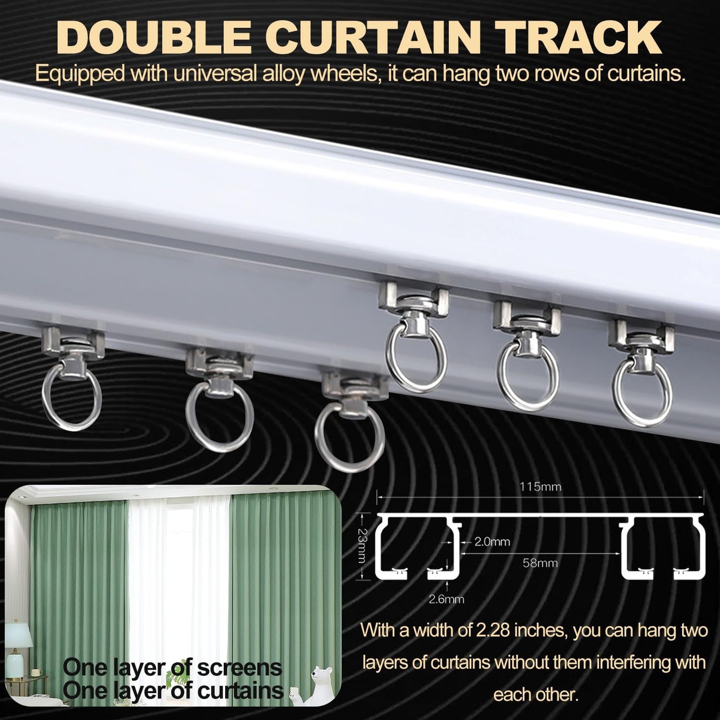 Double Curtain Track Ceiling Mounted, Heavy Duty Aluminum Sliding Rails for Curtains, Silent Double Curtain Track System for Drapes Room Dividers Living Room Bedroom (Black,3.5m(11.5ft))