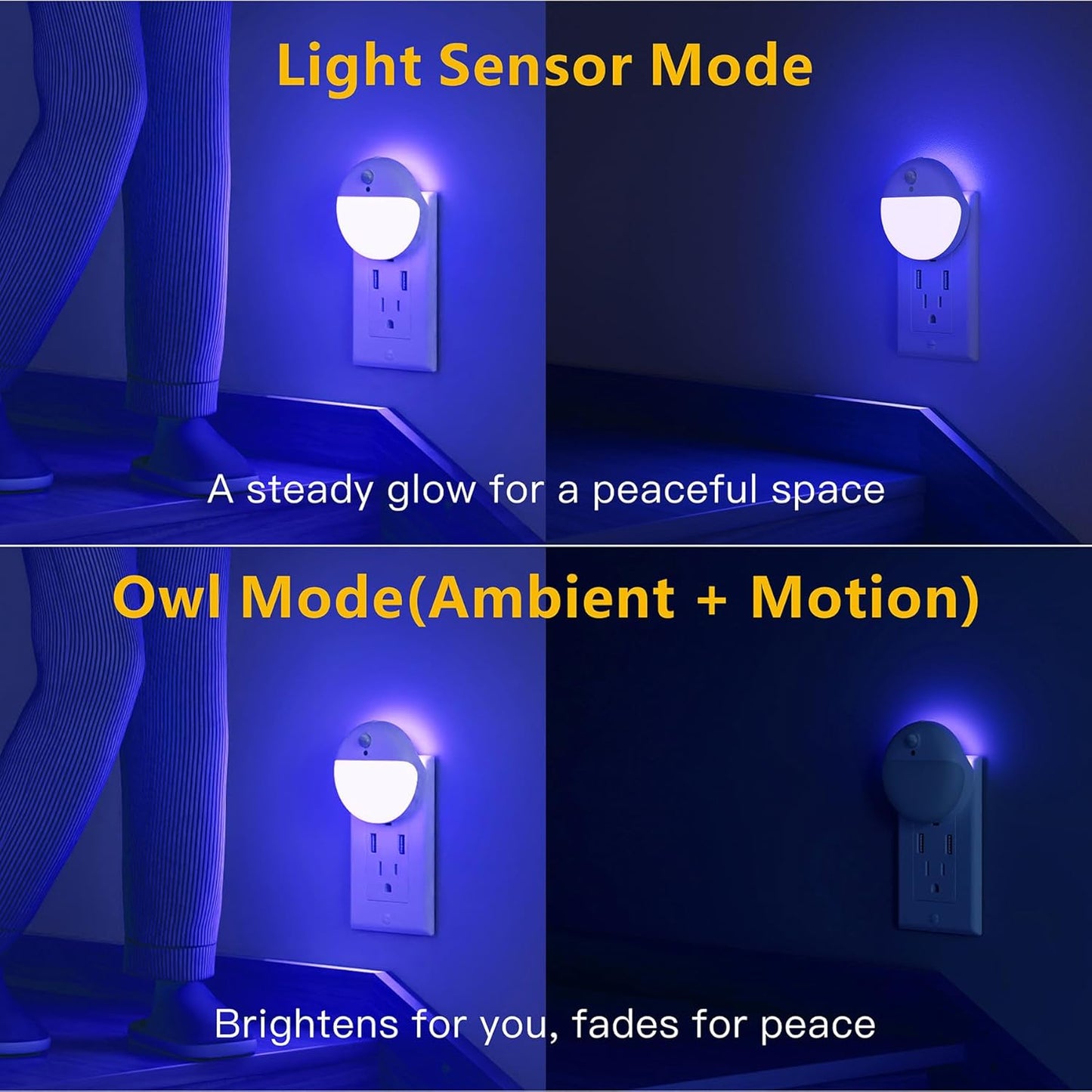 2 Pack Plug in Night Light with Motion Sensor and Dusk to Dawn Sensor, Stepless Dimming, Blue LED Nightlight with 3 Lighting Ways for Bathroom, Bedroom, for Girls, Boys, Adults