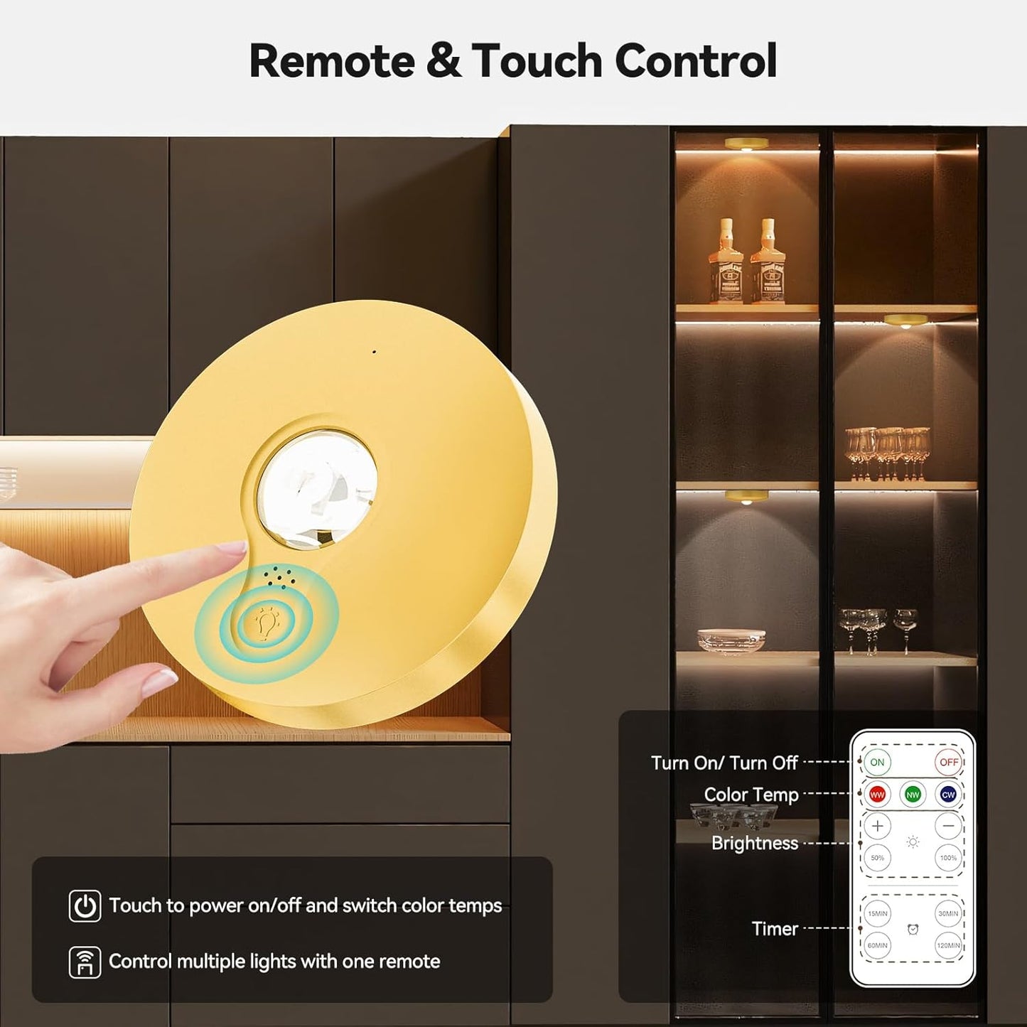 Yiliaw Rechargeable Puck Lights with Remote, 6 Pack Magnetic Under Cabinet Lighting, 1500mAh Battery Operated LED Tap Lights with Dimmer & Timmer for Kitchen, Closet, Shelf - 3 Color Temps, Gold