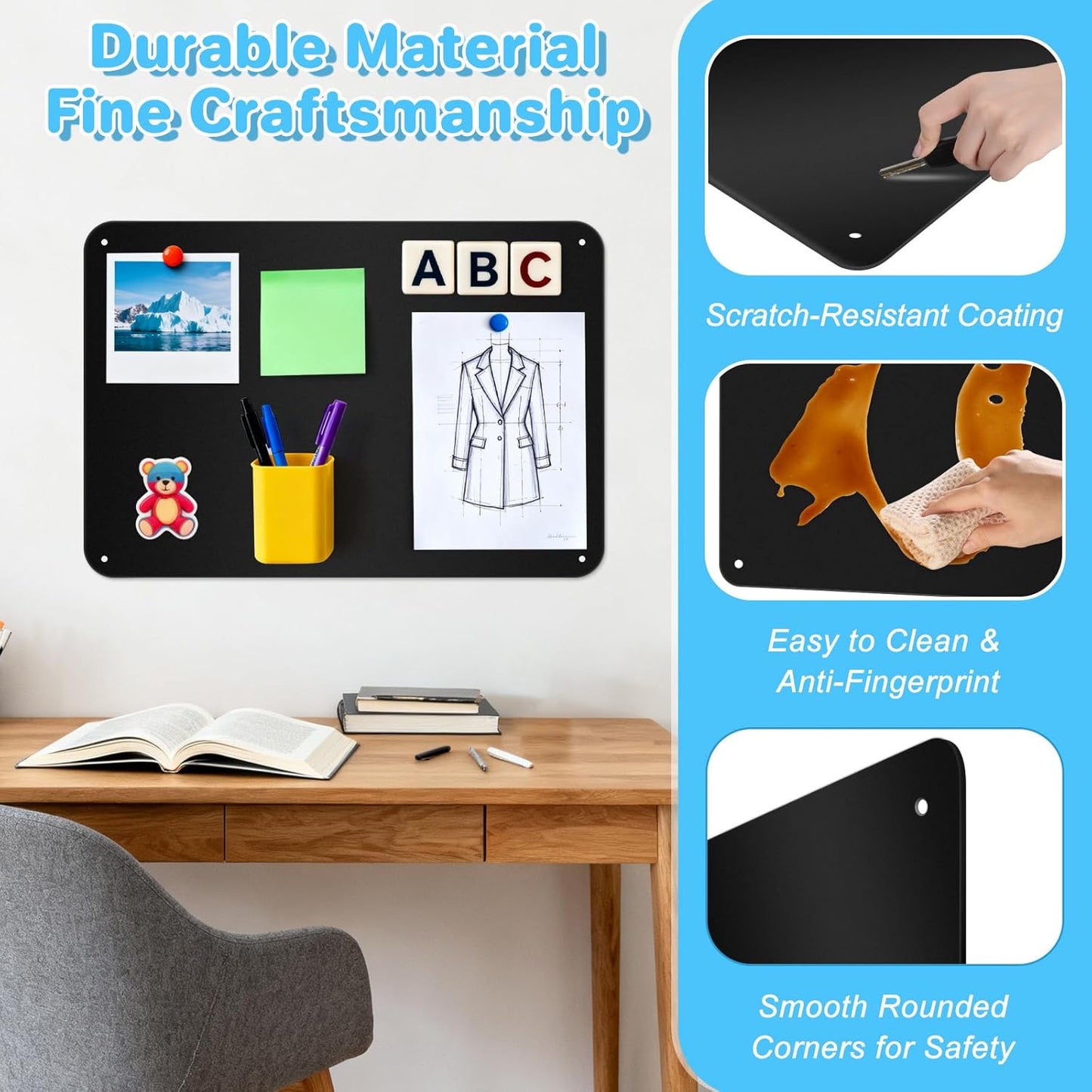 ARVOK 2 Pack Black Magnetic Board 17.1" x 11.8", Metal Magnet Bulletin Board for Wall, Refrigerator, Cabinet, Display Notes, Photos, Poetry, Includes 8 Screws & 8 Dual Lock Tapes, 4 Support Screws