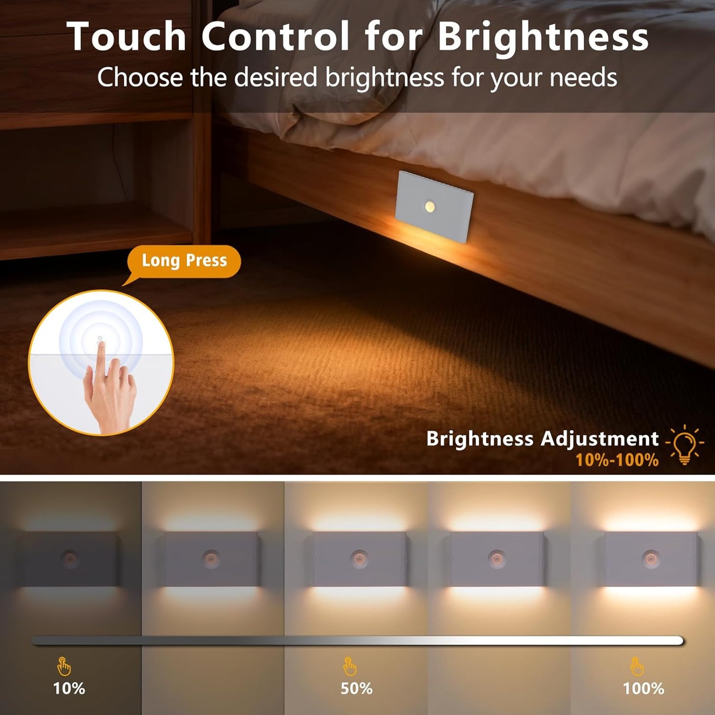 Motion Sensor Night Light, Rechargeable Battery Night Light, 2700K-6500K Magnetic/Stick-on Closet Lights, Dimmable Stair Lights for Bedroom Kitchen Hallway Stairs (2 Pack)