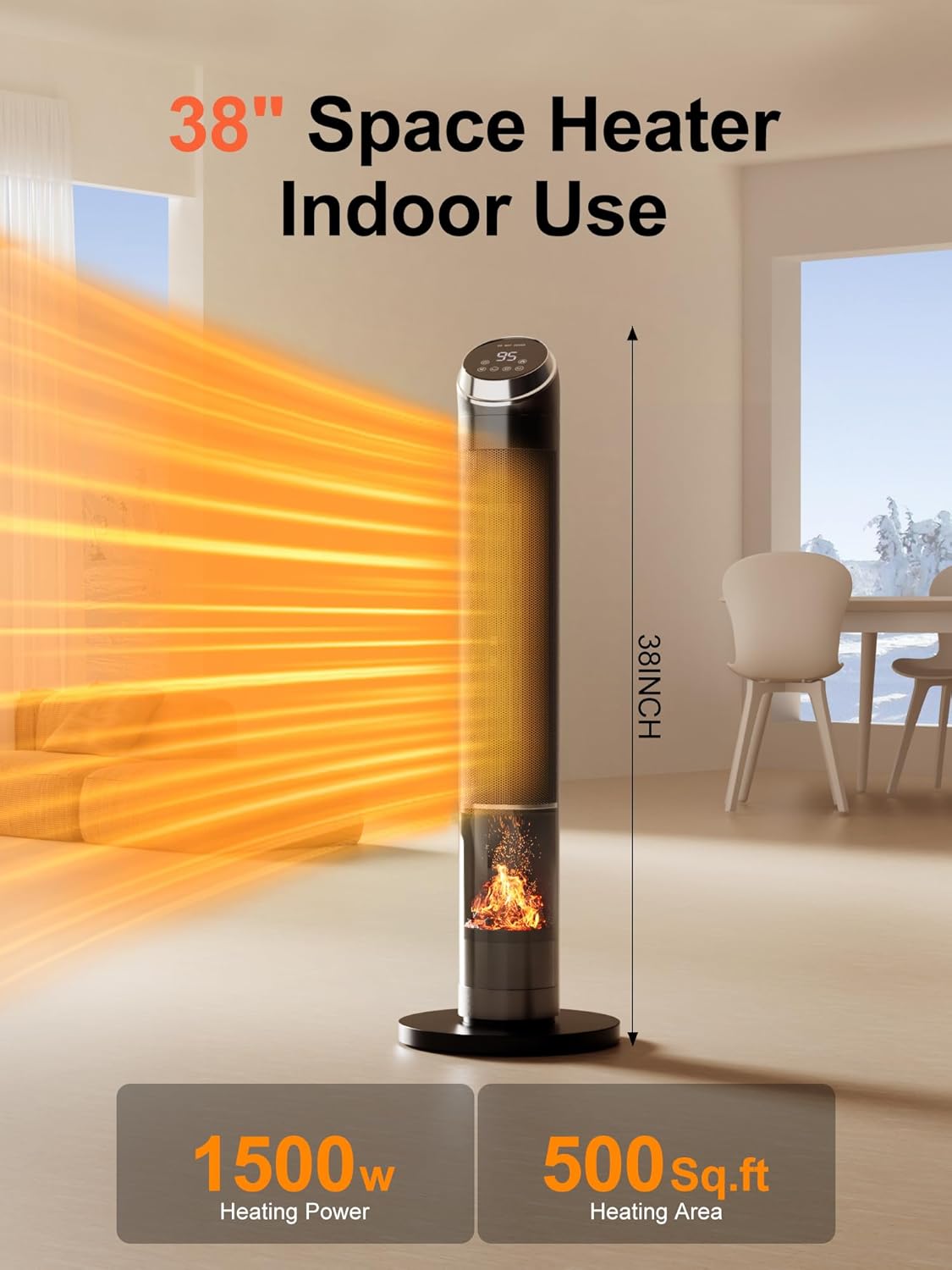 Space Heaters for Large Room, 38IN Electric Heater with Thermostat, 1500W Portable Space Heater with 80°Oscillation, 24H Timer Bedroom Heater, Remote Control, Tip-over & Overheat Protection Indoor Use
