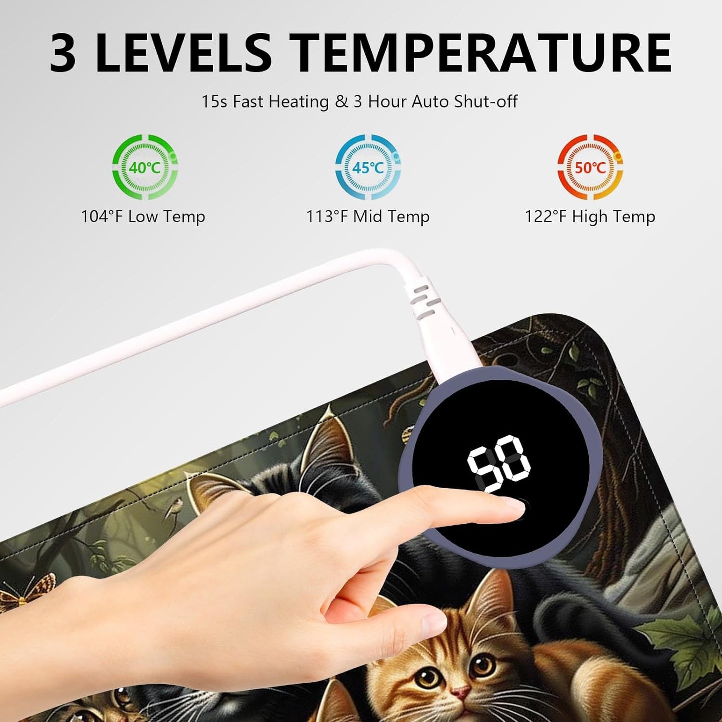 Heated Mouse Pad with 3 Levels Heated & 3 Hours Auto Shut-Off Mouse Pad for Warming Hands in Office Home, 31.5" x 13"Large Safe Desk Mat Hand Warmer，A Bunch of Cute Cats