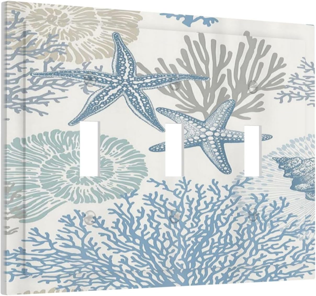 Decorative Light Switch Plate Covers Blue Starfish Coral Seaweed 3 Gang Light Switch Cover Plate Triple Toggle Wall Plate Outlet Covers for Bathroom Bedroom Decor